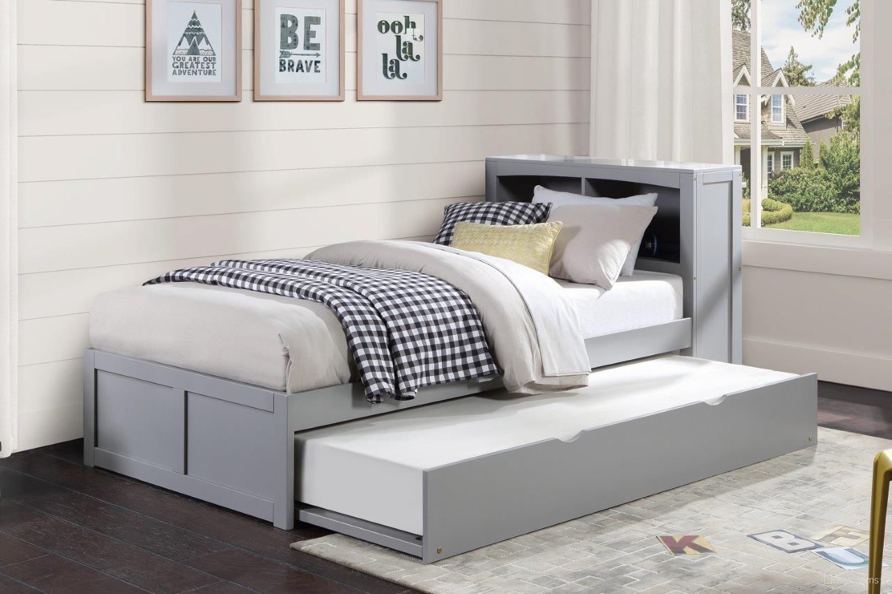 The appearance of Orion Gray Youth Bookcase Bedroom Set With Trundle designed by Homelegance in the modern / contemporary interior design. This gray piece of furniture was selected by 1StopBedrooms from Orion Collection to add a touch of cosiness and style into your home. Sku: B2063BC-1R;B2063-4. Bed Type: Bookcase Bed. Material: Wood. Bed Size: Twin.