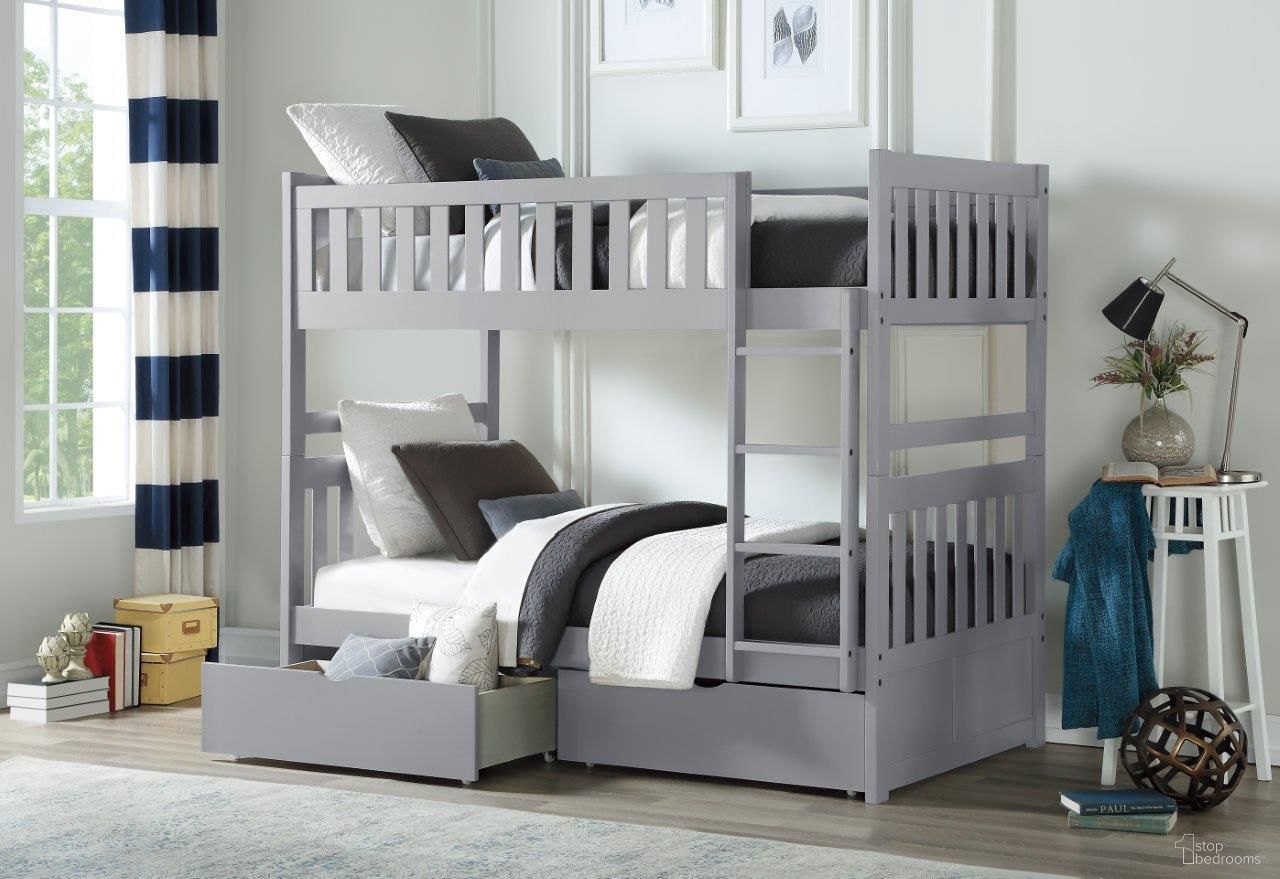The appearance of Orion Gray Youth Bunk Bedroom Set With Storage Boxes designed by Homelegance in the modern / contemporary interior design. This gray piece of furniture  was selected by 1StopBedrooms from Orion Collection to add a touch of cosiness and style into your home. Sku: B2063-1-T;B2063-4. Bed Type: Bunk Bed. Material: Wood. Bed Size: Twin Over Twin.