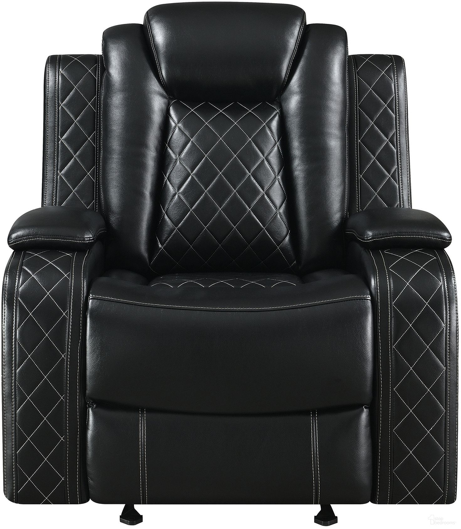 The appearance of Orion II Glider Recliner with Power Footrest and Headrest In Black designed by New Classic in the modern / contemporary interior design. This black piece of furniture  was selected by 1StopBedrooms from Orion Collection to add a touch of cosiness and style into your home. Sku: U1769V-13P2-BLK. Material: Faux Leather.