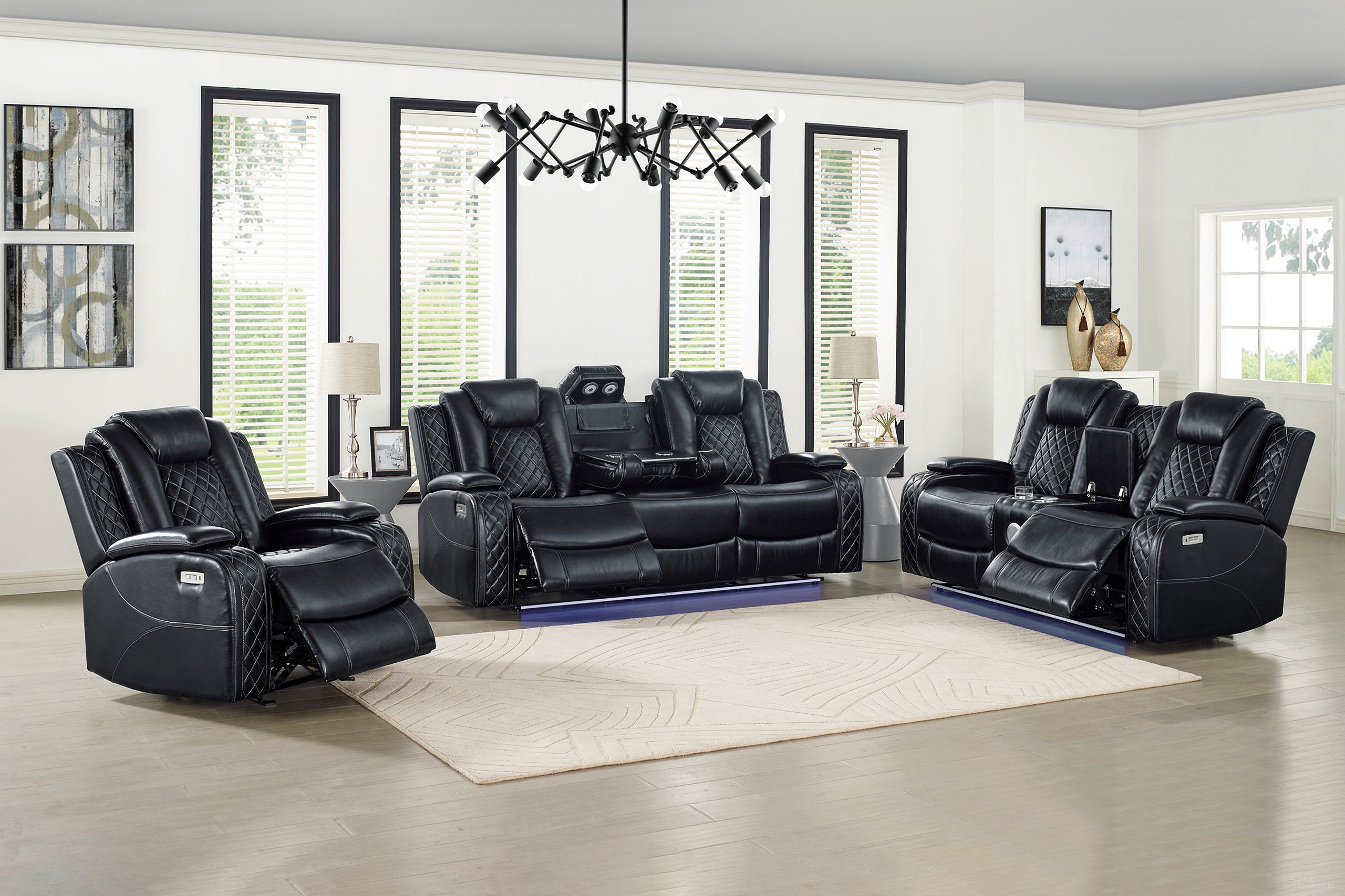 The appearance of Orion II Living Room Set with Power Footrests and Headrests In Black designed by New Classic in the modern / contemporary interior design. This black piece of furniture was selected by 1StopBedrooms from Orion Collection to add a touch of cosiness and style into your home. Sku: U1769V-30P2-BLK;U1769V-25P2-BLK. Material: Faux Leather.