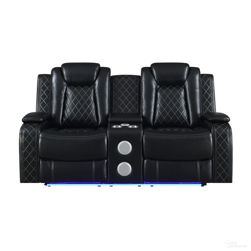 The appearance of Orion II Reclining Console Loveseat with Power Footrests and Headrests In Black designed by New Classic in the modern / contemporary interior design. This black piece of furniture was selected by 1StopBedrooms from Orion Collection to add a touch of cosiness and style into your home. Sku: U1769V-25P2-BLK. Material: Faux Leather.