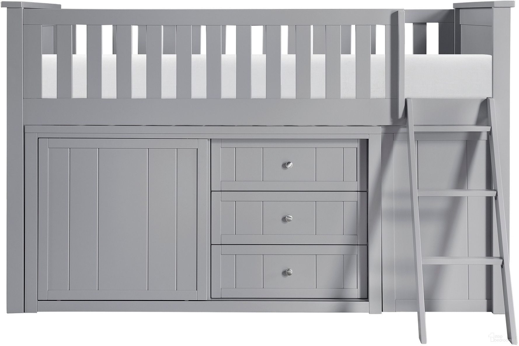 Orion Twin Low Loft Bunk with Bookcase and 2 Dressers In Gray