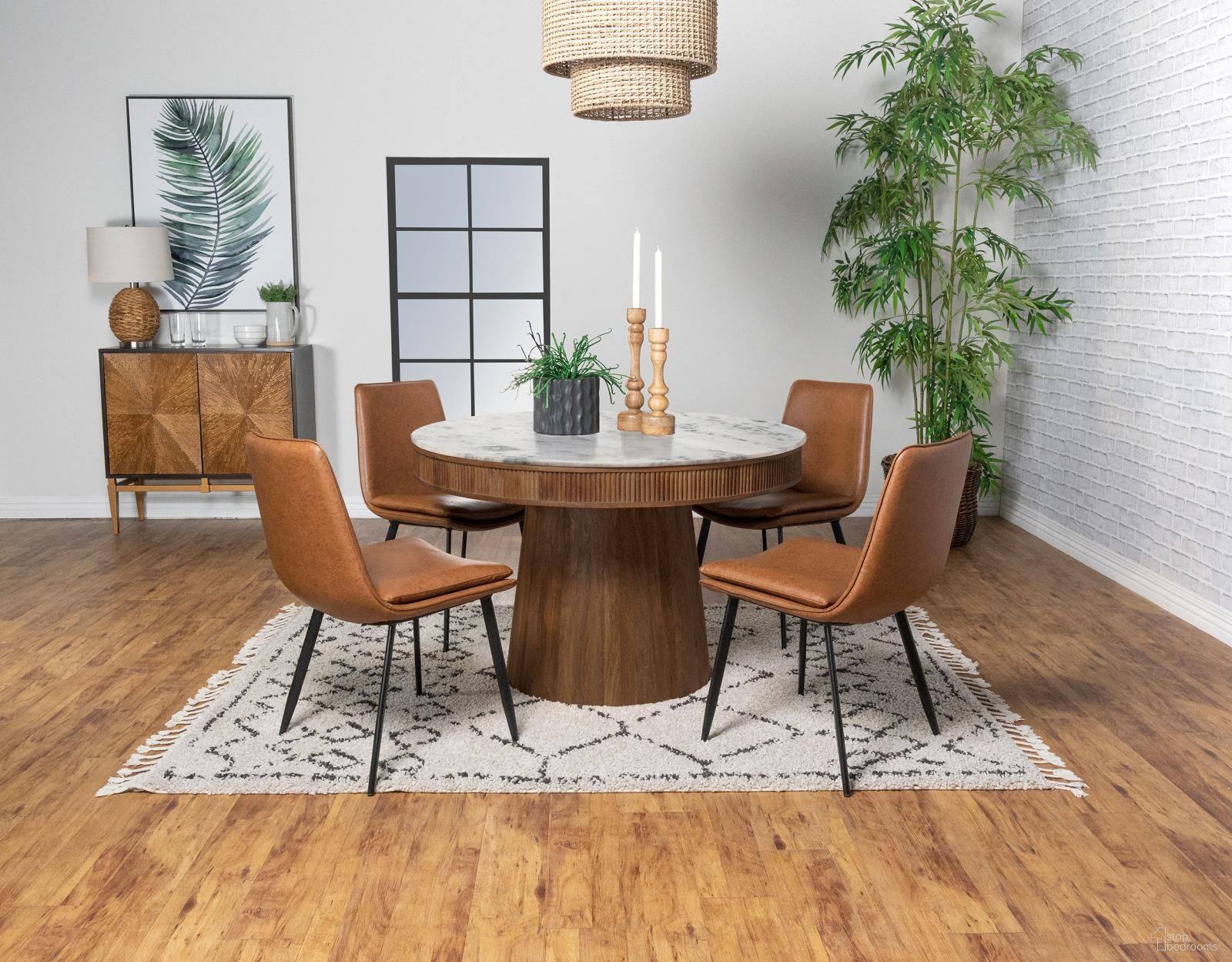 The appearance of Ortega Round Marble Top Dining Room Set In White and Natural designed by Coaster in the transitional interior design. This natural piece of furniture  was selected by 1StopBedrooms from Ortega Collection to add a touch of cosiness and style into your home. Sku: 105141B1;105141B2;115472. Table Top Shape: Round. Material: Wood. Size: 46" x 46".