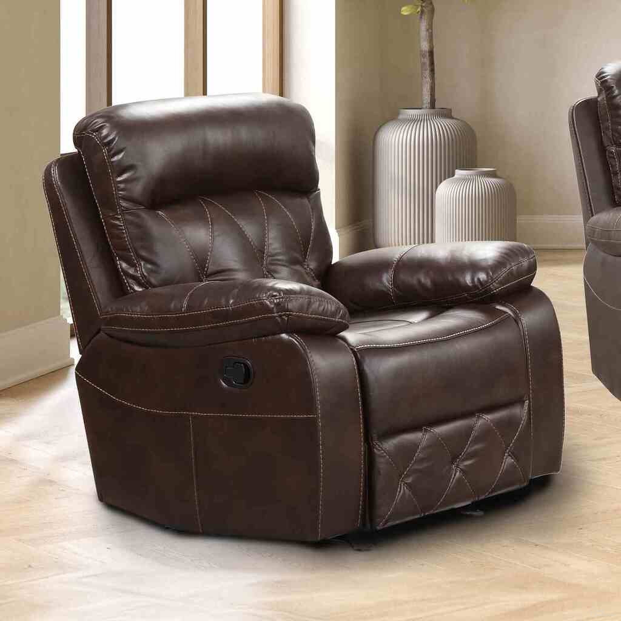 The appearance of Osias Glider Recliner In Brown designed by Furniture of America in the transitional interior design. This brown piece of furniture was selected by 1StopBedrooms from Osias Collection to add a touch of cosiness and style into your home. Sku: NX6004BR-CH. Material: Leather.