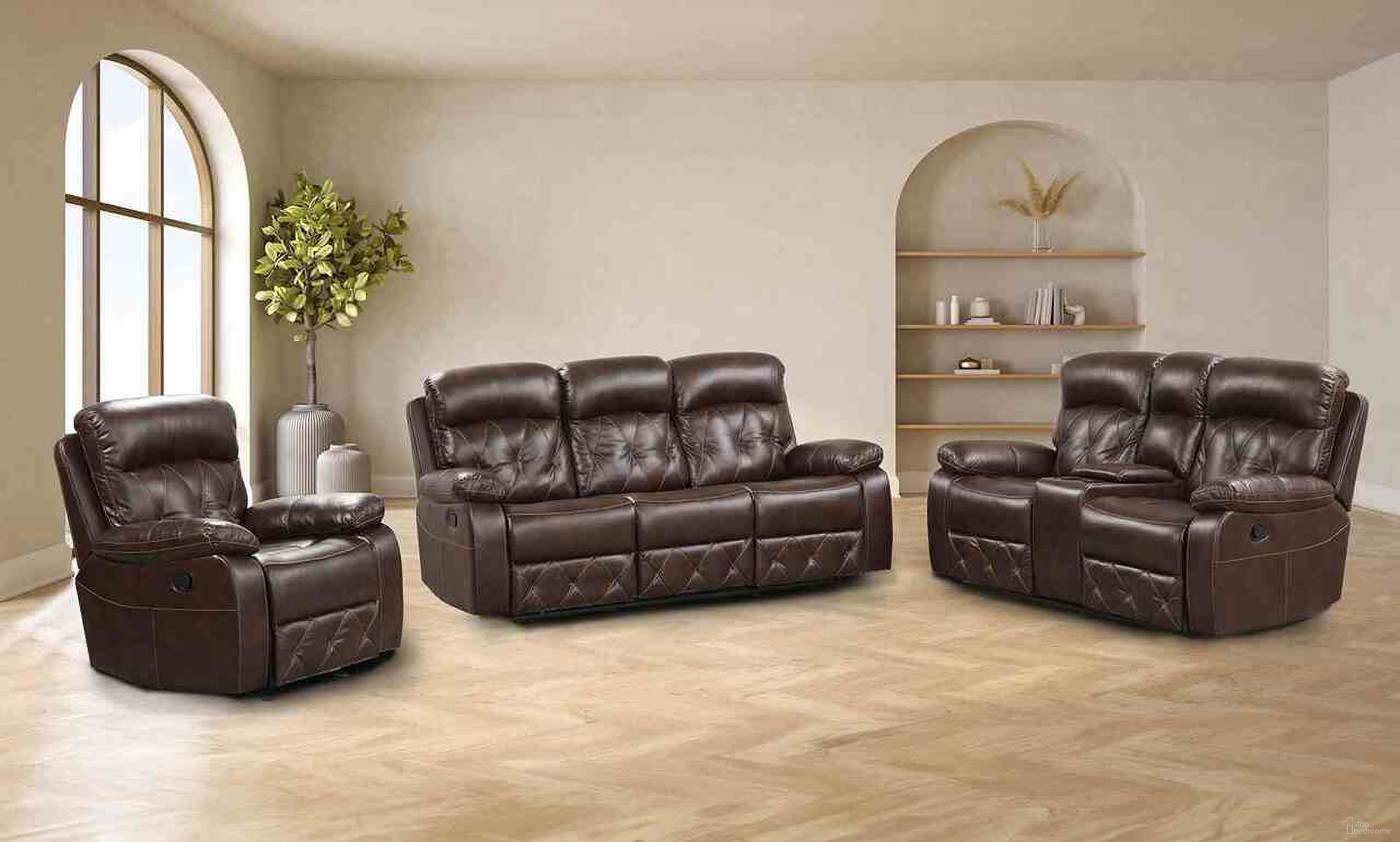 The appearance of Osias Living Room Set In Brown designed by Furniture of America in the transitional interior design. This brown piece of furniture was selected by 1StopBedrooms from Osias Collection to add a touch of cosiness and style into your home. Sku: NX6004BR-SF;NX6004BR-LV. Material: Leather.