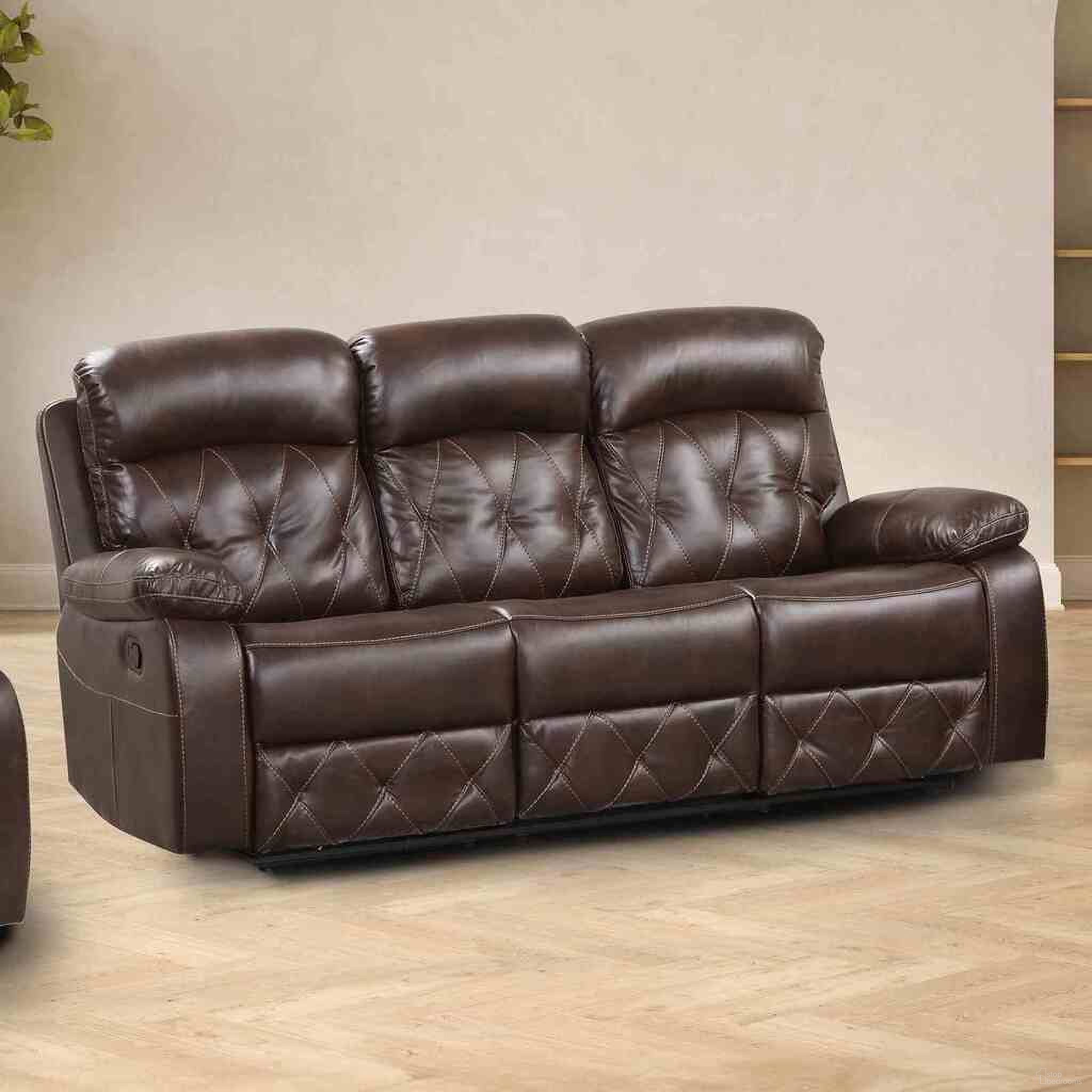 The appearance of Osias Sofa In Brown designed by Furniture of America in the transitional interior design. This brown piece of furniture was selected by 1StopBedrooms from Osias Collection to add a touch of cosiness and style into your home. Sku: NX6004BR-SF. Material: Leather.