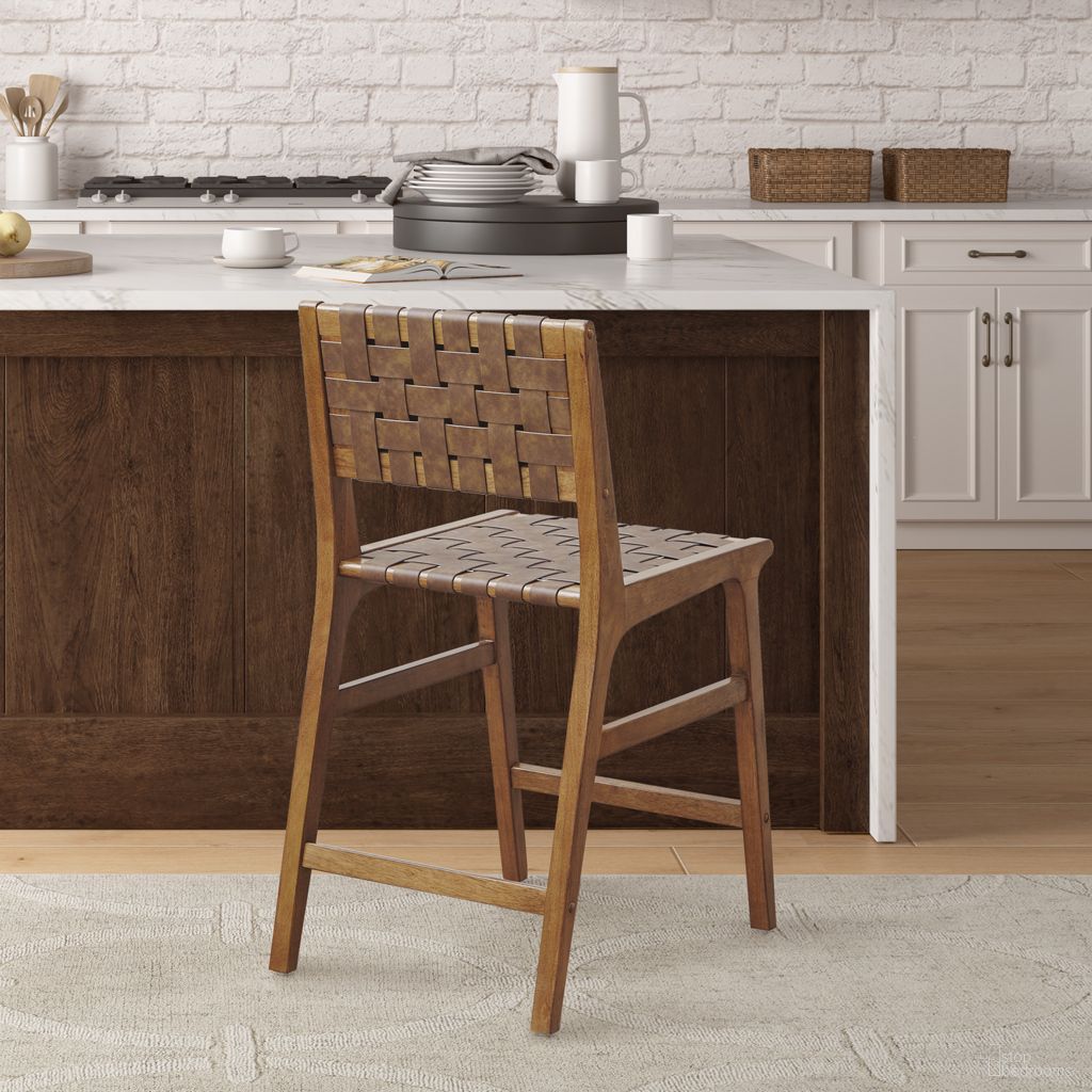 The appearance of Oslo 24 Inch Faux Leather Woven Counter Stool In Brown designed by Olliix in the transitional interior design. This brown piece of furniture  was selected by 1StopBedrooms from Oslo Collection to add a touch of cosiness and style into your home. Sku: II104-0511. Material: Solid Wood.