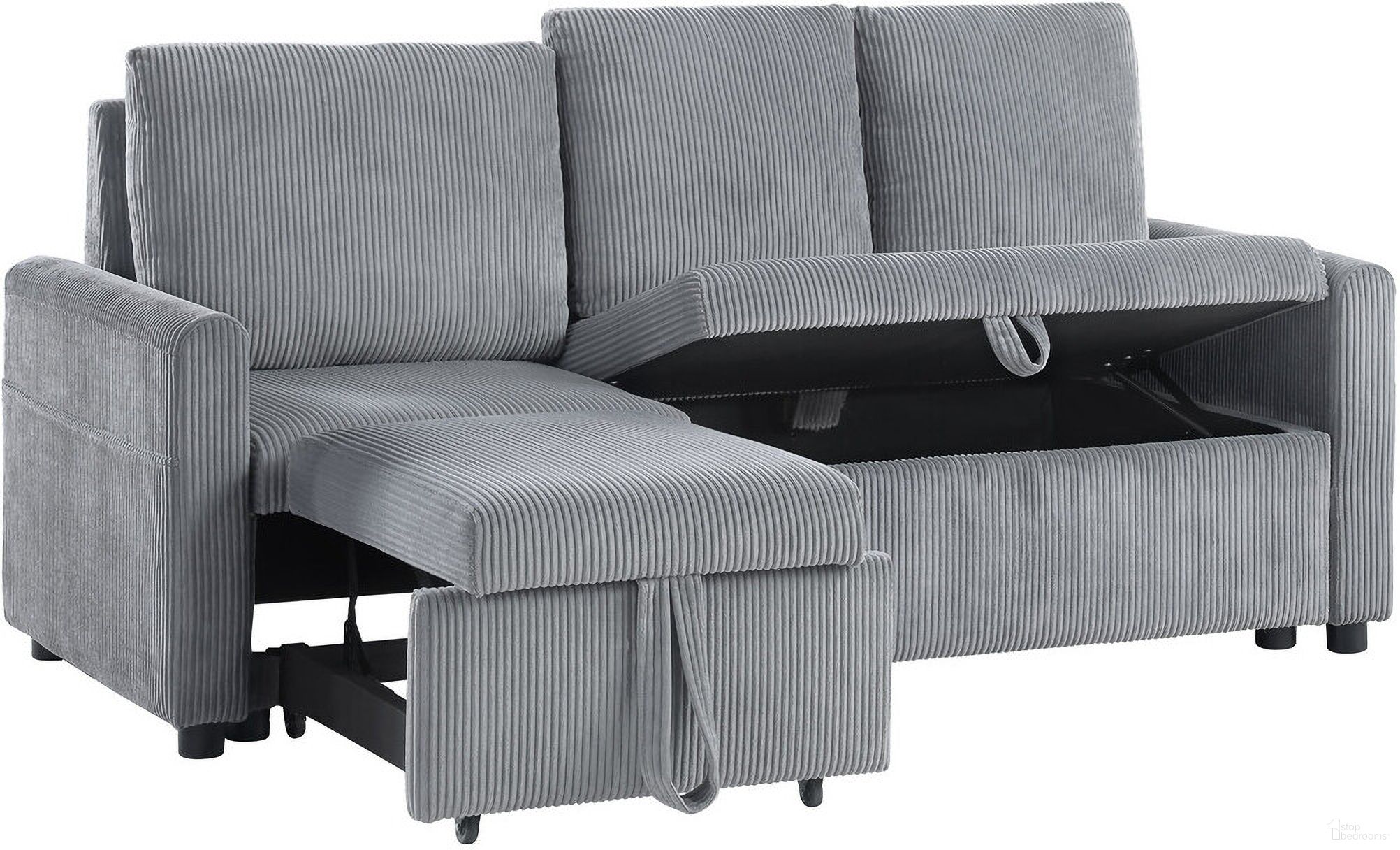 The appearance of Oswin 70 Inch Corduroy Sofa with Pull-Out Chaise In Gray designed by Lilola Home in the modern / contemporary interior design. This gray piece of furniture was selected by 1StopBedrooms from Oswin Collection to add a touch of cosiness and style into your home. Sku: 89427. Material: Fabric.