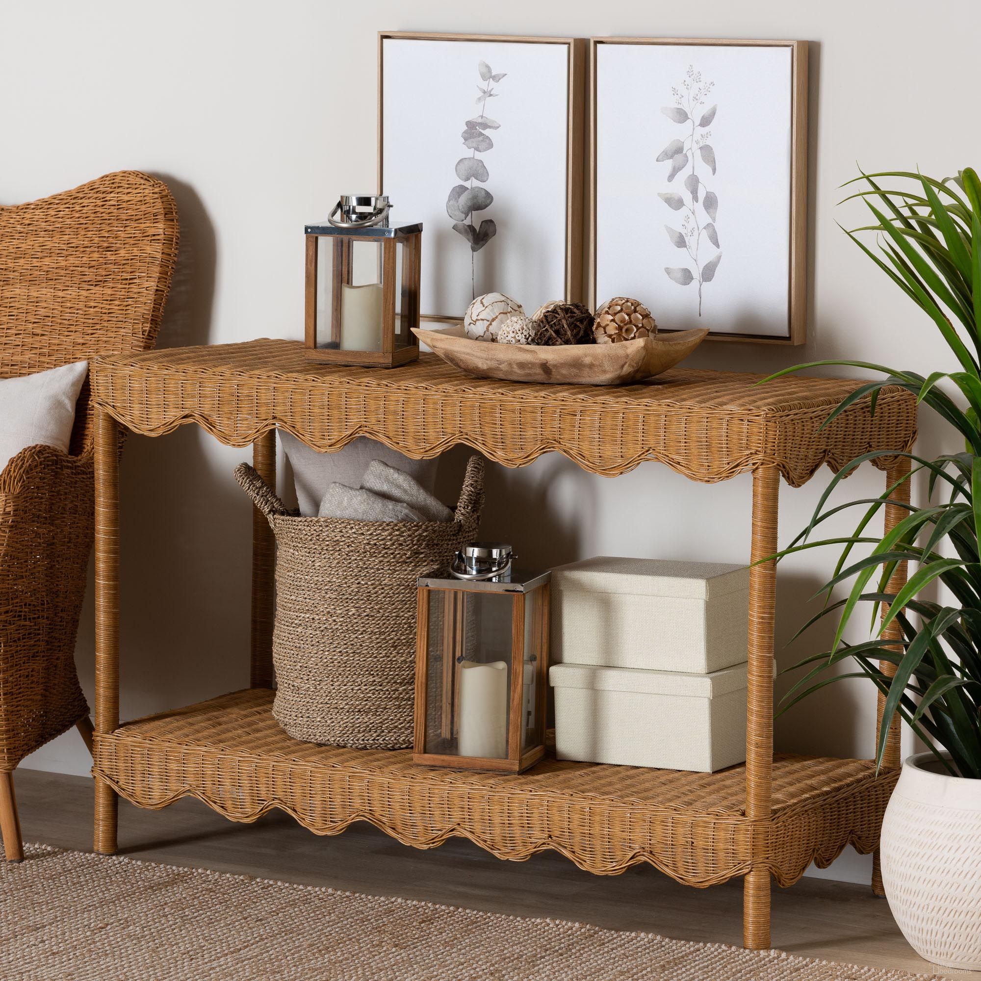 The appearance of Oteria Scalloped Rattan Console Table In Light Honey designed by Baxton Studio in the bohemian interior design. This light honey piece of furniture  was selected by 1StopBedrooms from Oteria Collection to add a touch of cosiness and style into your home. Sku: Palm Short-Light Honey Rattan-Console Table. Material: Natural Rattan.