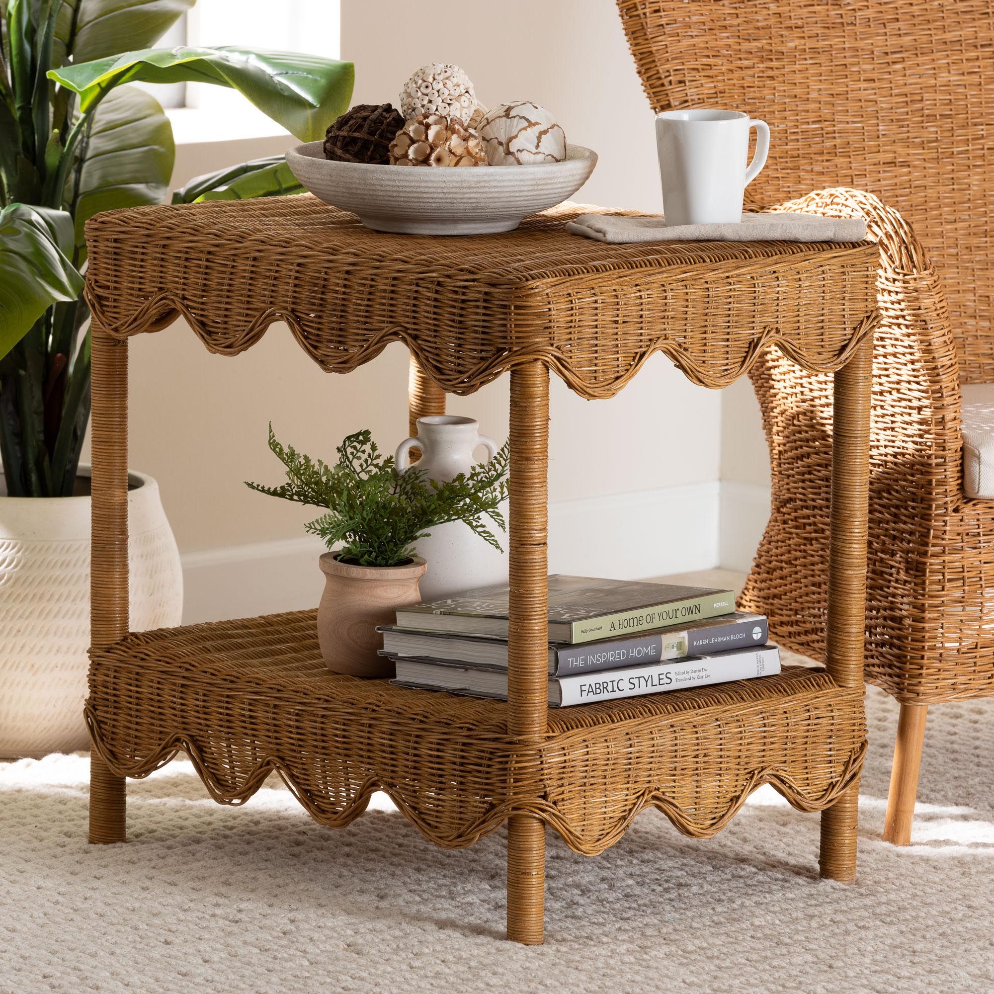 The appearance of Oteria Scalloped Rattan Side Table In Light Honey designed by Baxton Studio in the bohemian interior design. This light honey piece of furniture  was selected by 1StopBedrooms from Oteria Collection to add a touch of cosiness and style into your home. Sku: Palm Short-Light Honey Rattan-Side Table. Material: Natural Rattan.