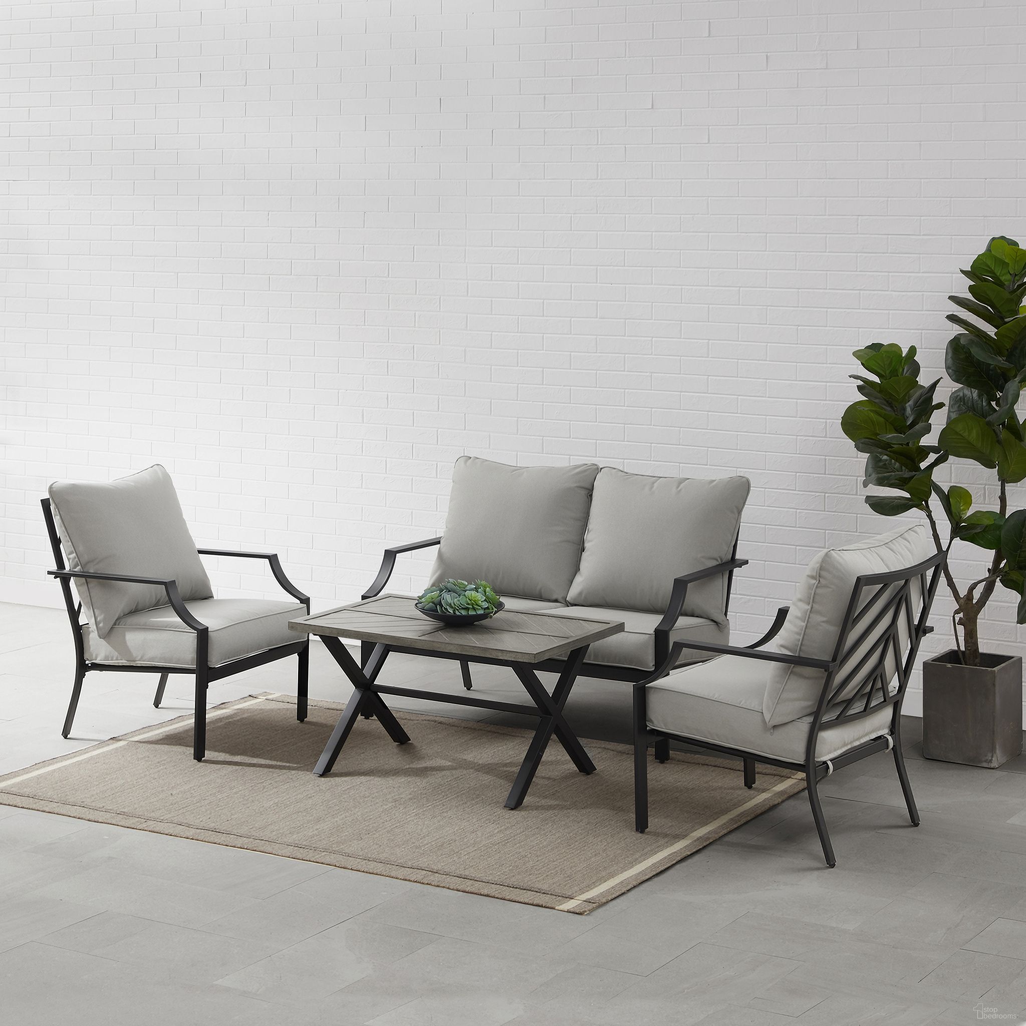 The appearance of Otto 4 Piece Outdoor Loveseat Patio Furniture Set In Gray and Matte Black designed by Crosley Brands in the modern / contemporary interior design. This gray piece of furniture  was selected by 1StopBedrooms from Otto Collection to add a touch of cosiness and style into your home. Sku: CO6294MB-GY;CO6293MB-GY. Material: Steel.