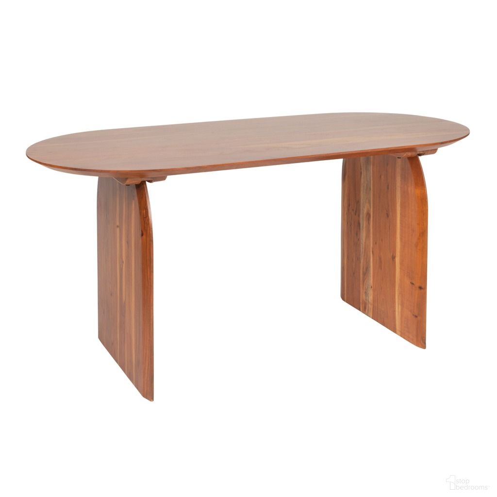 The appearance of Otto Pill-Shaped Acacia Wood Dining Table with Half-Moon Base In Natural designed by Rowena Interiors in the modern / contemporary interior design. This natural piece of furniture  was selected by 1StopBedrooms from Otto Collection to add a touch of cosiness and style into your home. Sku: EC1966. Table Base Style: Double Pedestal. Table Top Shape: Oval. Material: Acacia Wood. Size: 29" x 65".