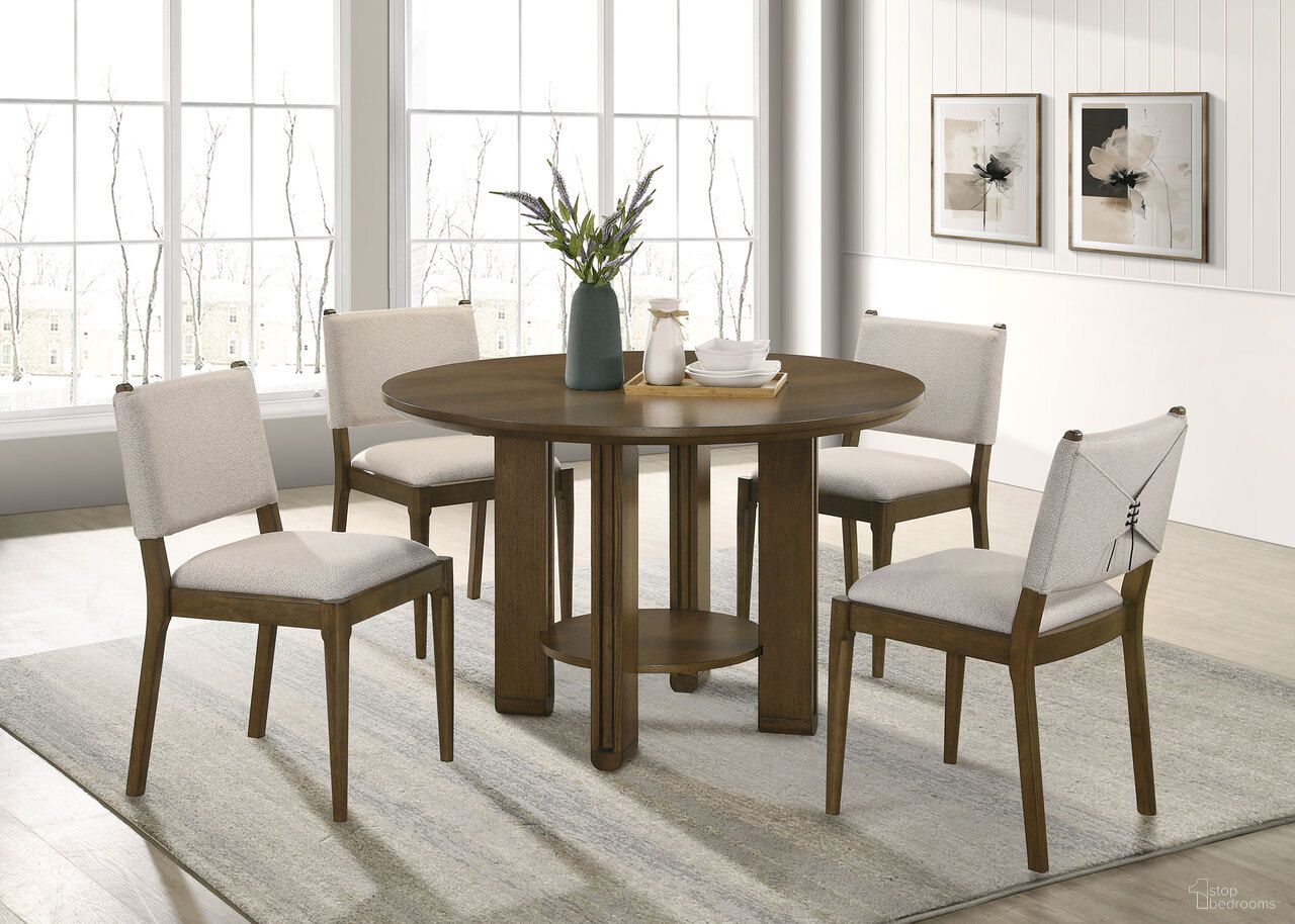 The appearance of Ottowa Round Wood Dining Room Set In Brown designed by Coaster in the modern / contemporary interior design. This brown piece of furniture was selected by 1StopBedrooms from Ottowa Collection to add a touch of cosiness and style into your home. Sku: 193660;193662. Table Top Shape: Round. Size: 47". Material: Hardwood.