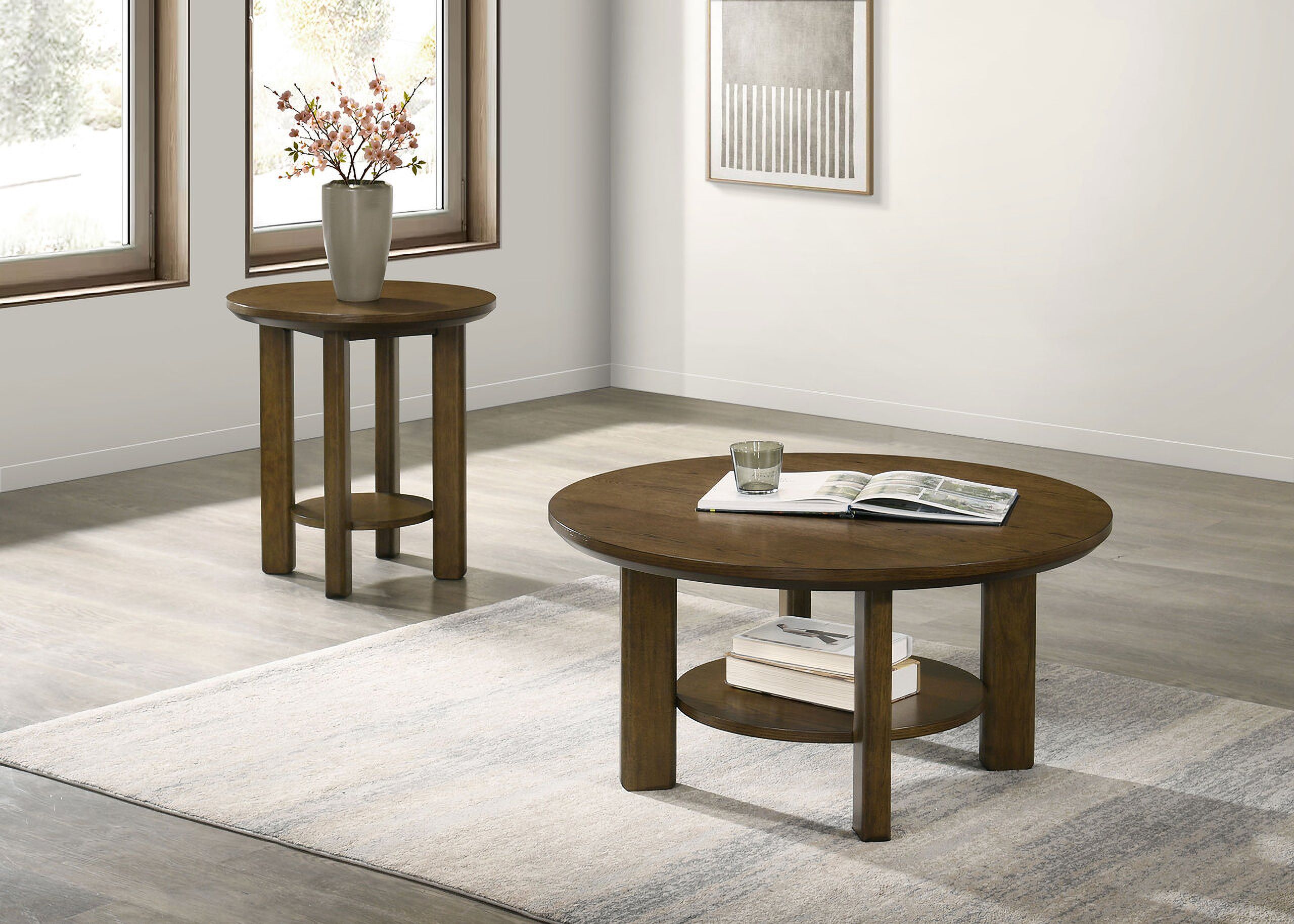 The appearance of Ottowa Round Wood Occasional Table Set In Brown designed by Coaster in the transitional interior design. This brown piece of furniture was selected by 1StopBedrooms from Ottowa Collection to add a touch of cosiness and style into your home. Sku: 706308;706307. Material: MDF.