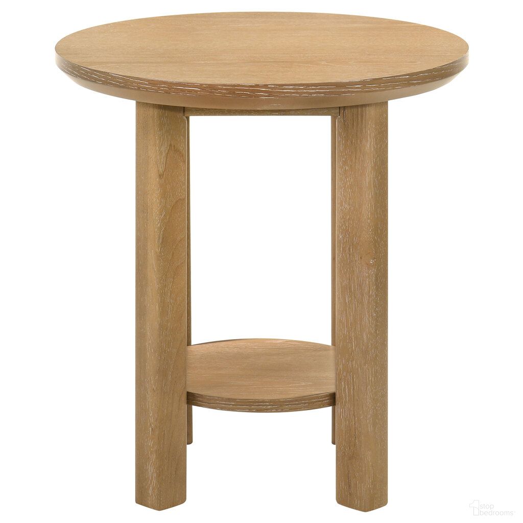 The appearance of Ottowa Round Wood Side End Table with Shelf In Washed Oak designed by Coaster in the transitional interior design. This washed oak piece of furniture was selected by 1StopBedrooms from Ottowa Collection to add a touch of cosiness and style into your home. Sku: 706297. Material: Oak Veneer.
