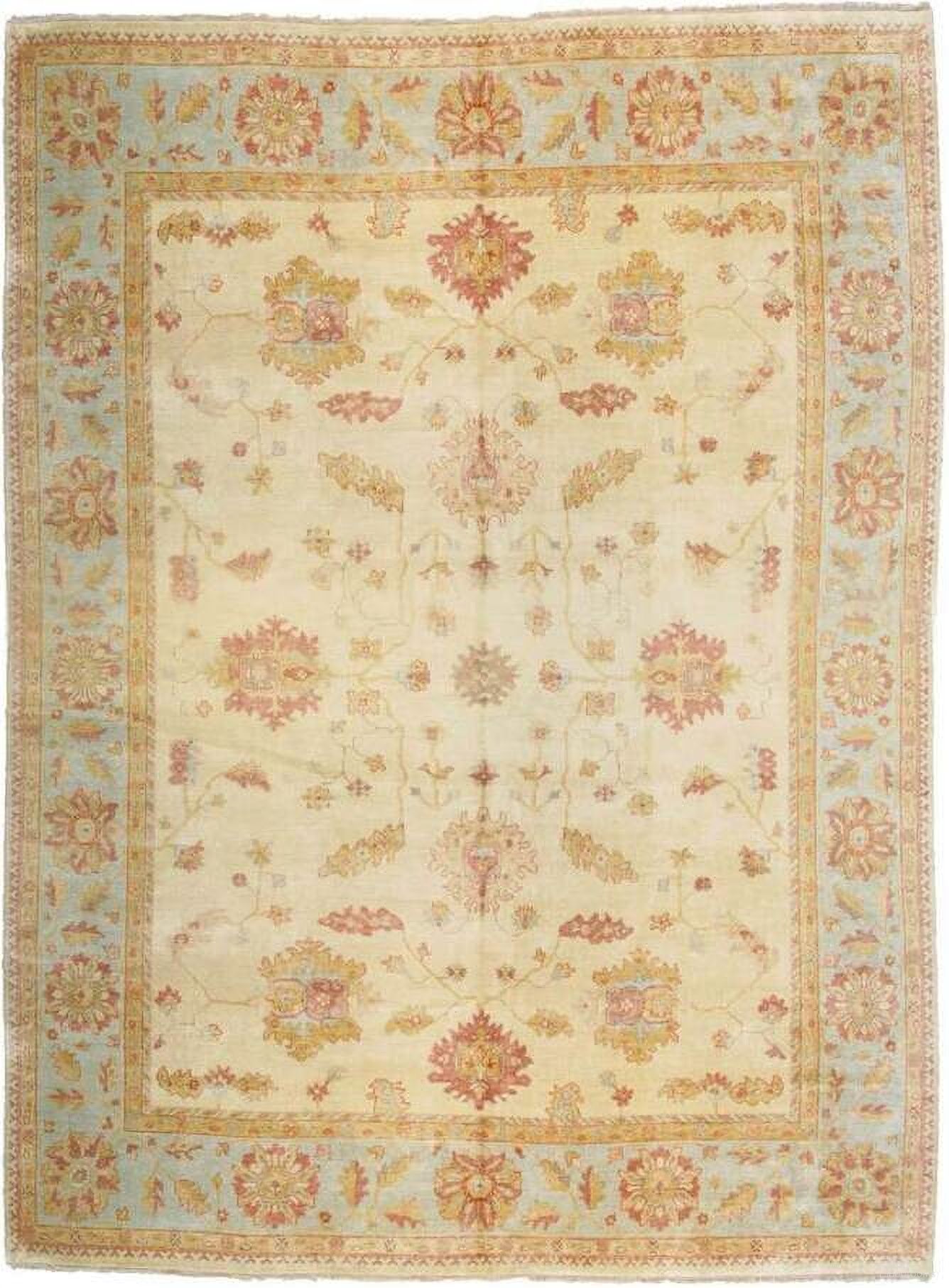 Oushak Collection Hand-Knotted Lamb's Wool Area Rug- 11' 10" x 15' In Ivory and Light Blue
