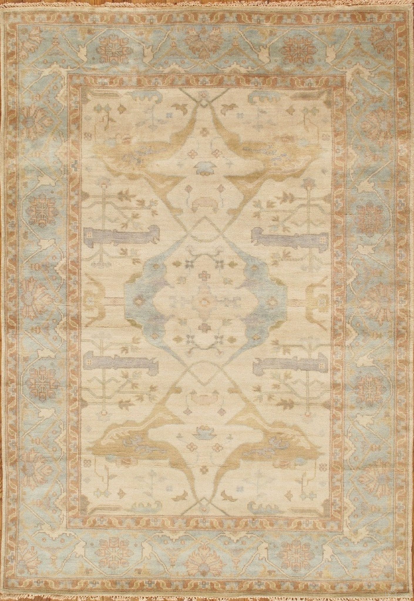 Oushak Collection Hand-Knotted Lamb's Wool Area Rug- 12' 5" x 17'11" In Ivory and Light Blue