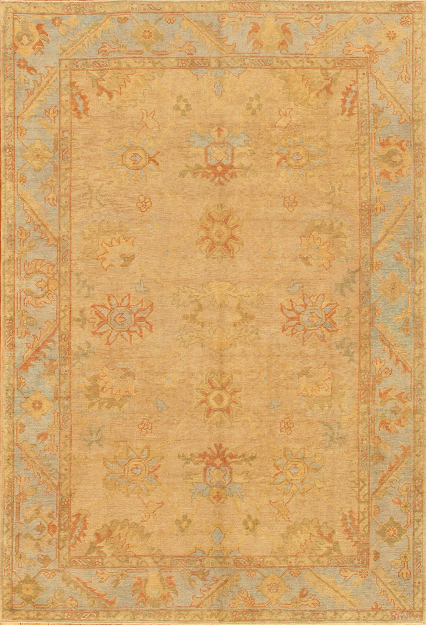 Oushak Collection Hand-Knotted Lamb's Wool Area Rug- 7' 7" x 11' 2" In Light Blue and Camel