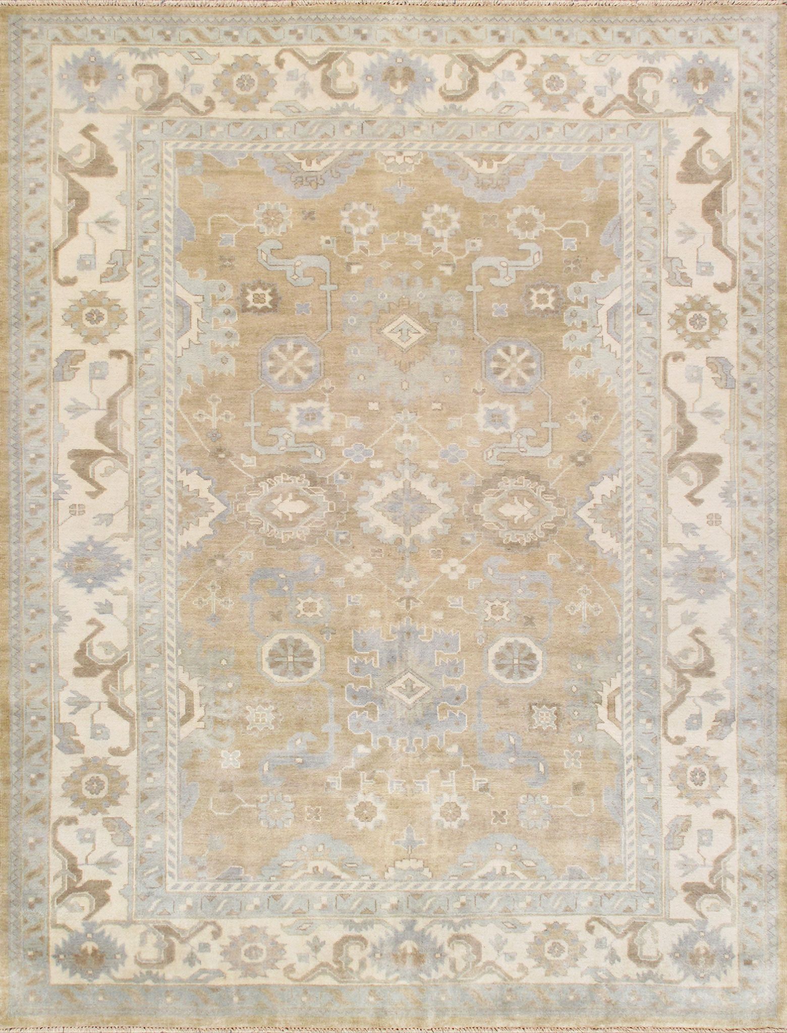 Oushak Collection Hand-Knotted Lamb's Wool Area Rug- 9' 1" x 11'11" In Ivory and Light Gold