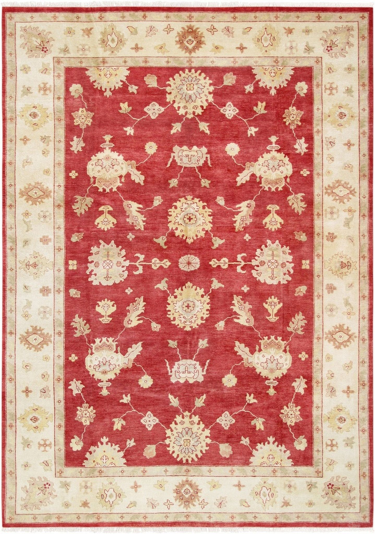 Oushak Collection Hand-Knotted Lamb's Wool Area Rug- 9' 10" x 13' 11" In Ivory and Red
