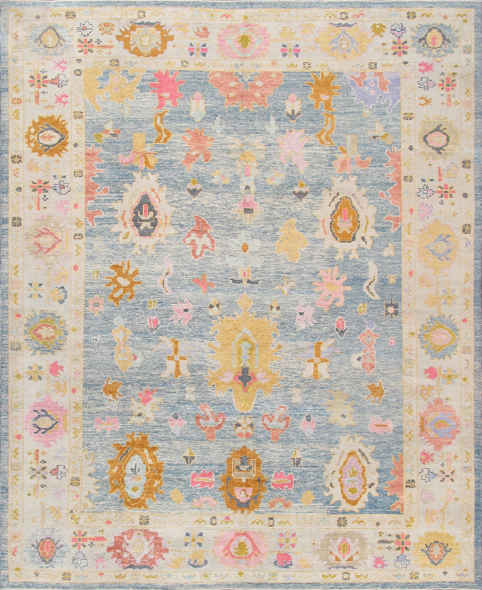 Oushak Collection Hand-Knotted Wool Area Rug-11' 7" x 14' 2" In Light Blue and Ivory