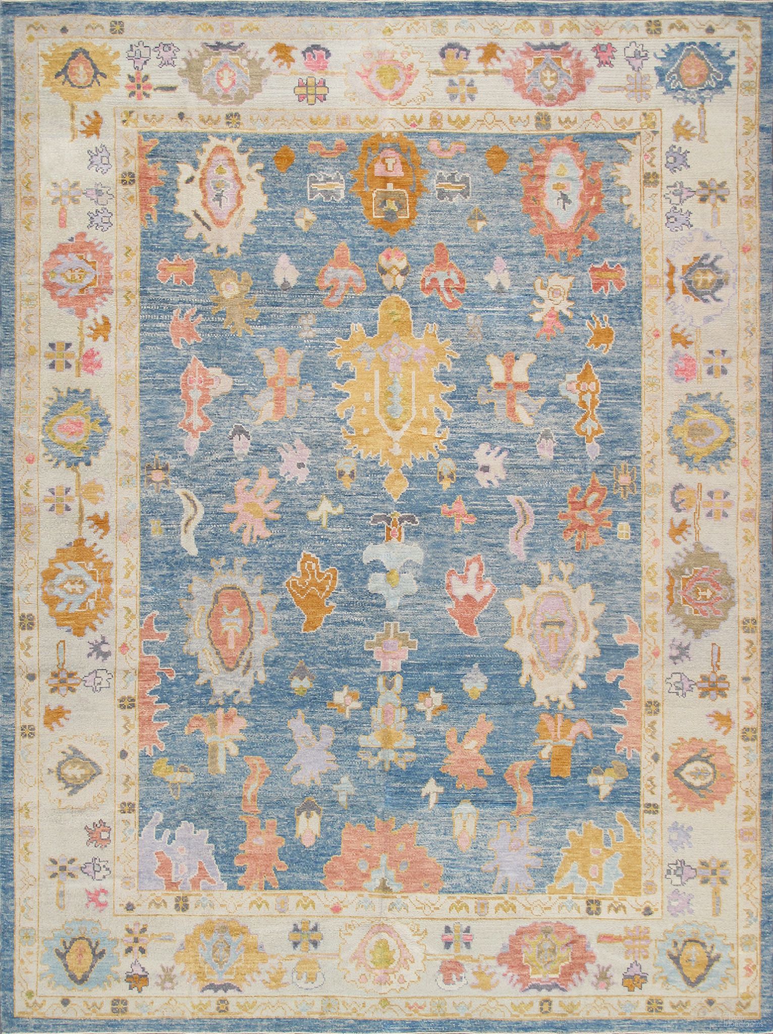 Oushak Collection Hand-Knotted Wool Area Rug- 9'10" x 13' 1" In Light Blue and Ivory