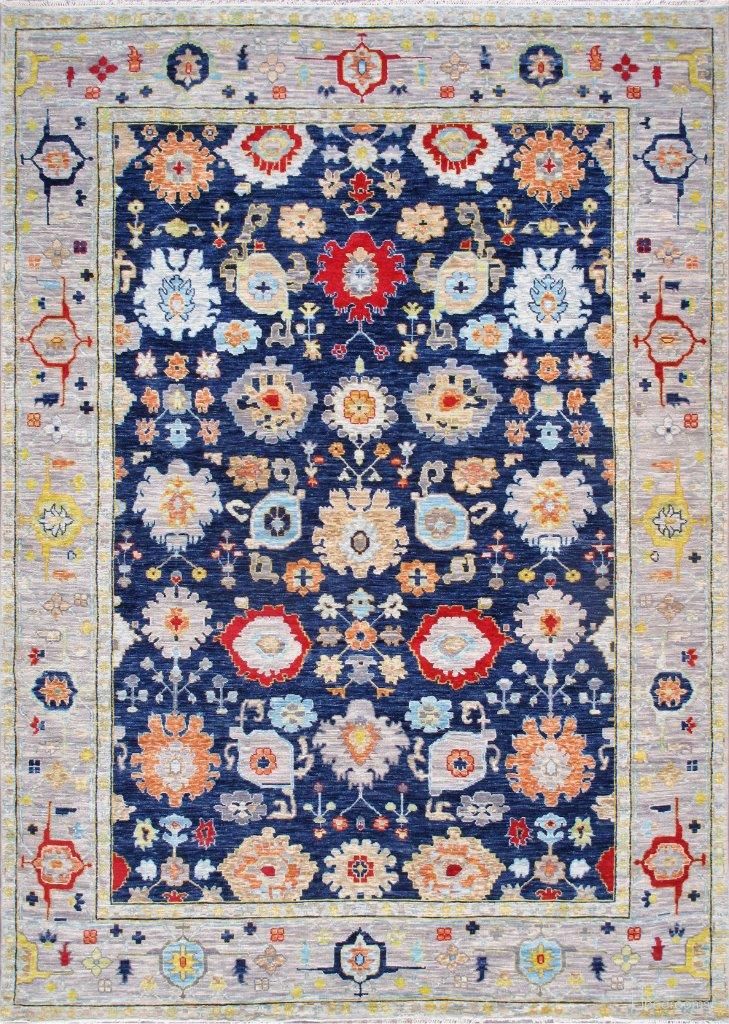 Oushak Collection Hand-Knotted Wool Area Rug- 9'11" x 14' In Navy and Silver
