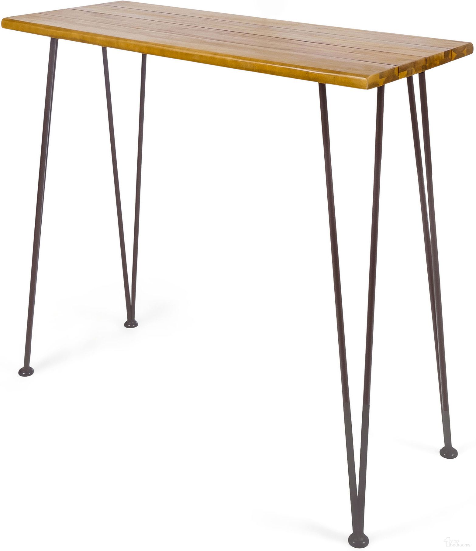 The appearance of Outdoor Bar Table with Wood Tabletop and Iron Hairpin Legs In Black and Teak designed by Noble House in the industrial interior design. This teak piece of furniture was selected by 1StopBedrooms from to add a touch of cosiness and style into your home. Sku: 61327.00. Table Top Shape: Rectangular. Material: Acacia Wood.