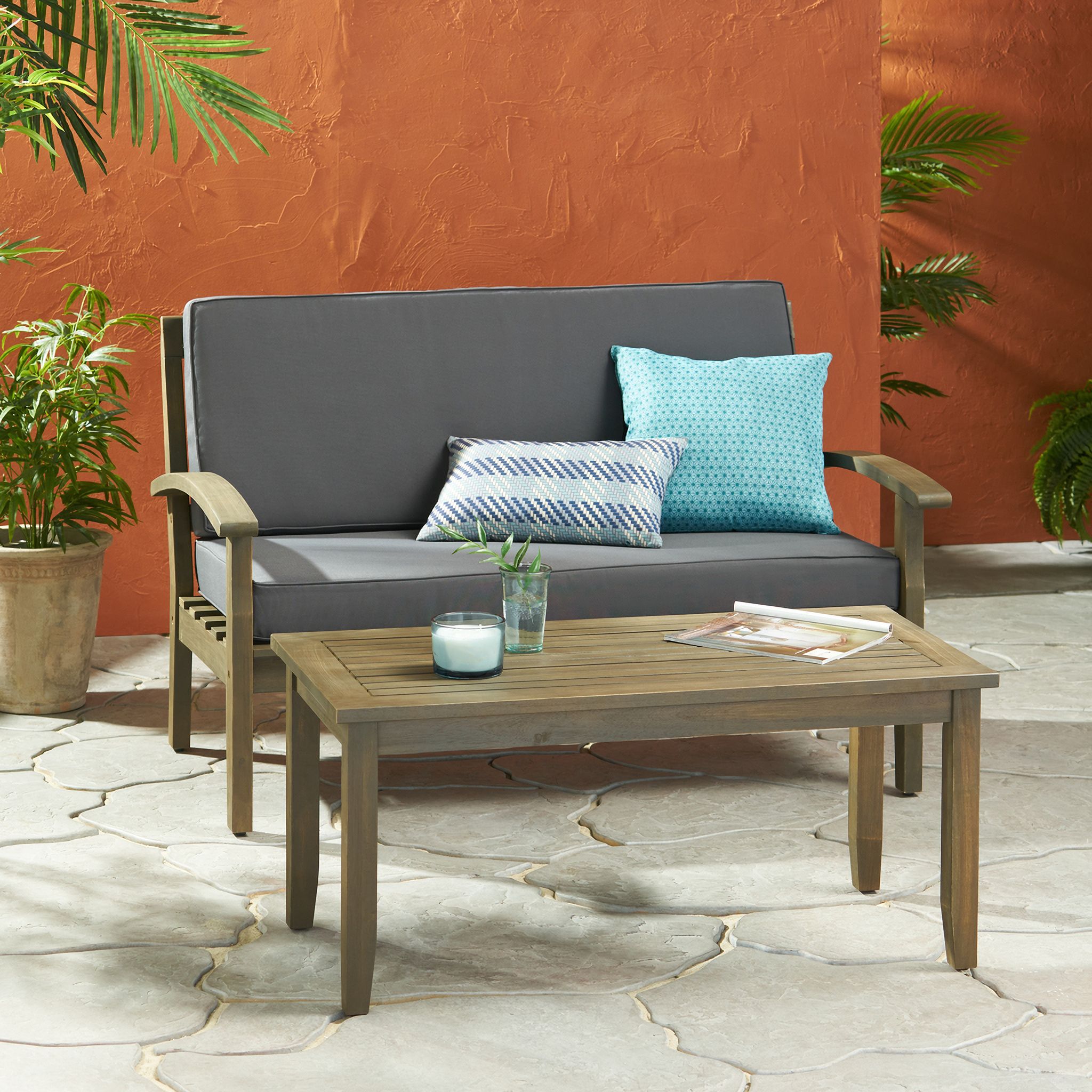 The appearance of Outdoor Chat Set with Coffee Table and Loveseat In Dark Grey designed by Noble House in the rustic / southwestern interior design. This dark grey piece of furniture was selected by 1StopBedrooms from to add a touch of cosiness and style into your home. Sku: 57972.00SETGRY. Material: Acacia Wood.