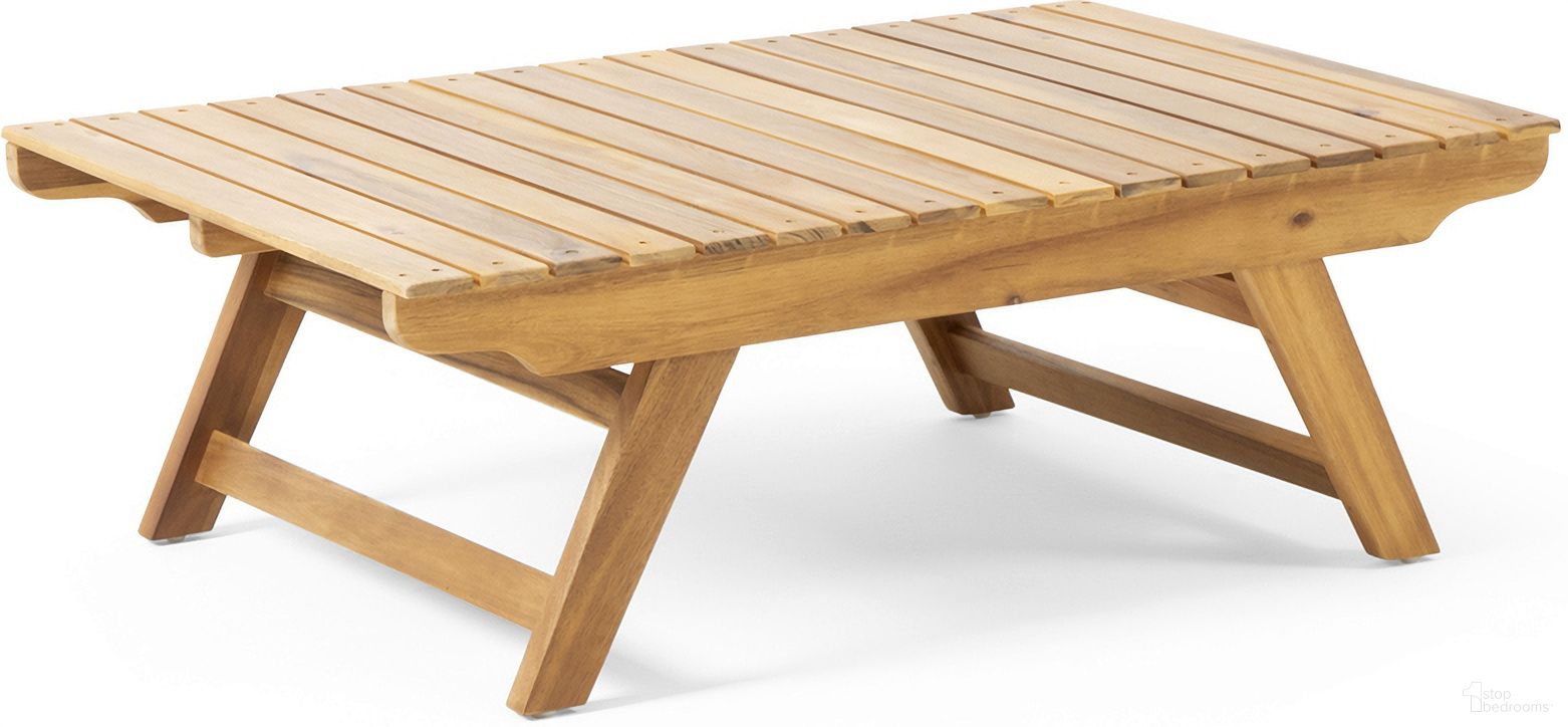 The appearance of Outdoor Coffee Table with Open Slat Design and Acacia Wood Frame In Teak designed by Noble House in the country / farmhouse interior design. This teak piece of furniture was selected by 1StopBedrooms from to add a touch of cosiness and style into your home. Sku: 65811.00. Material: Wood. Table Top Shape: Rectangular.