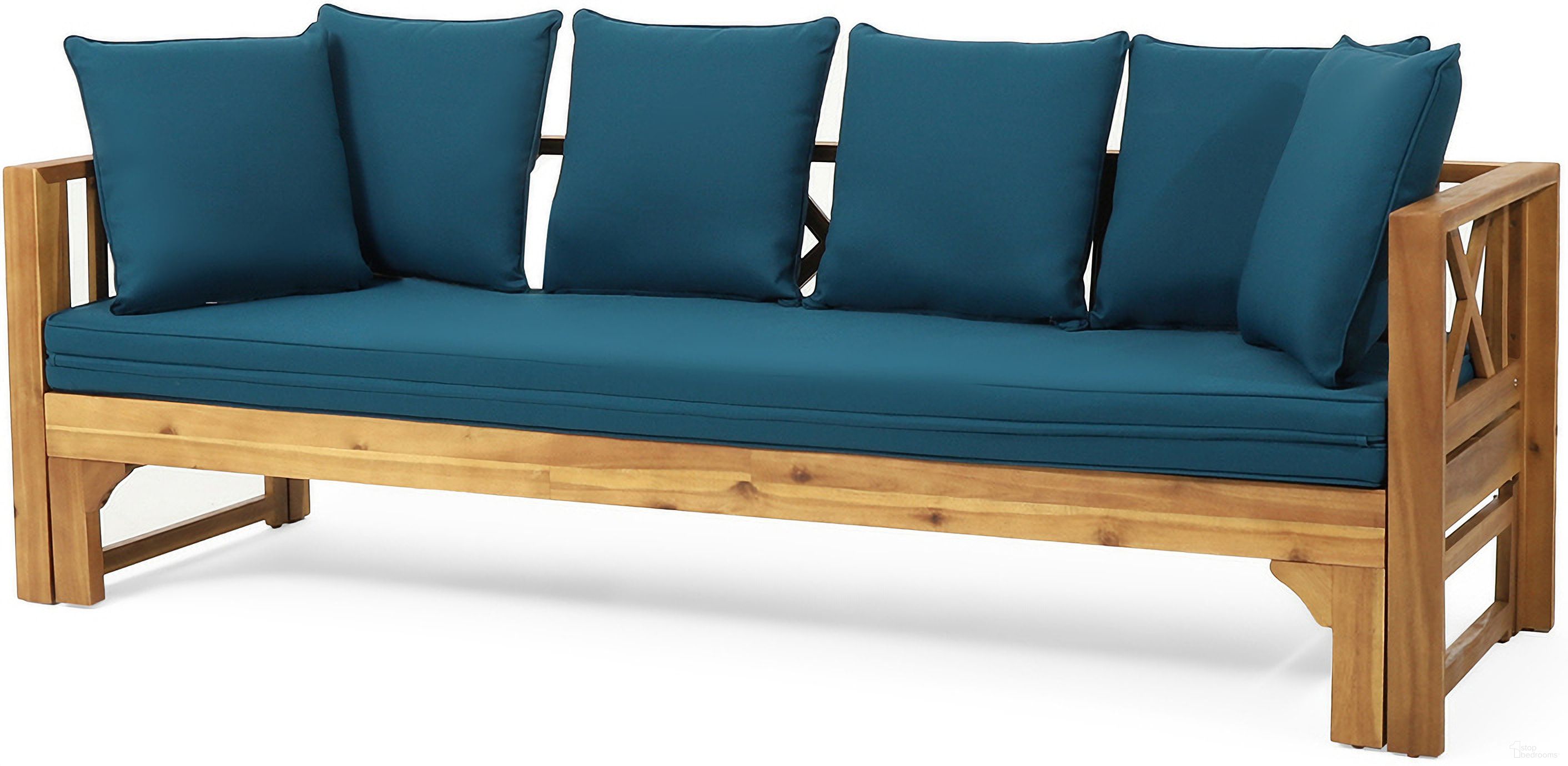 The appearance of Outdoor Daybed with X-Shaped Panel Backrest and Armrests In Teak designed by Noble House in the modern / contemporary interior design. This blue piece of furniture  was selected by 1StopBedrooms from  to add a touch of cosiness and style into your home. Sku: 74327.00DT. Material: Acacia Wood.