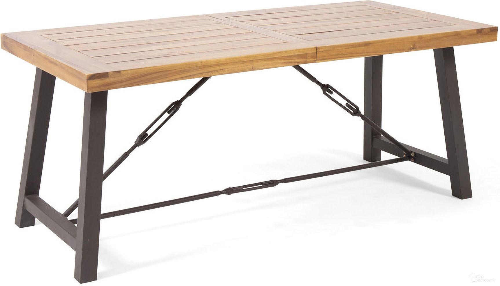 The appearance of Outdoor Dining Table with Slat Wooden Panel and Turnbuckle Accents In Teak designed by Noble House in the rustic / southwestern interior design. This teak piece of furniture was selected by 1StopBedrooms from to add a touch of cosiness and style into your home. Sku: 57239.00. Table Base Style: Trestle. Table Top Shape: Rectangular. Material: Acacia Wood.