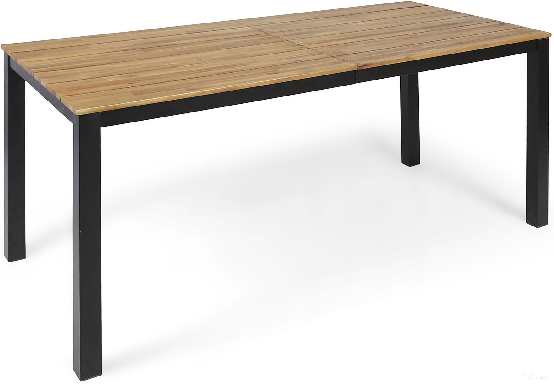 The appearance of Outdoor Dining Table with Slatted Tabletop and Iron Legs In Black and Teak designed by Noble House in the industrial interior design. This teak piece of furniture was selected by 1StopBedrooms from to add a touch of cosiness and style into your home. Sku: 64274.00. Material: Wood. Table Top Shape: Rectangular.