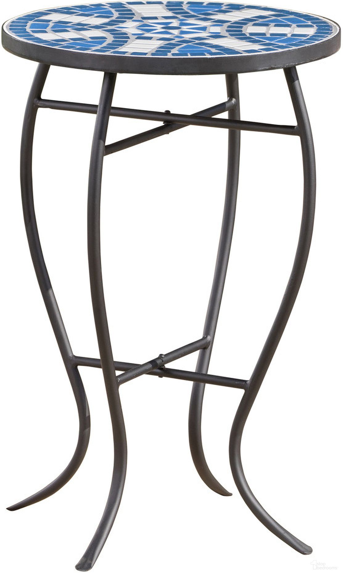 The appearance of Outdoor Round Side Table with Mosaic-Style Top and Curved Iron Legs In Blue and Matte Black designed by Noble House in the traditional interior design. This blue and black piece of furniture was selected by 1StopBedrooms from to add a touch of cosiness and style into your home. Sku: 61302.00. Table Top Shape: Round. Material: Ceramic Tile.