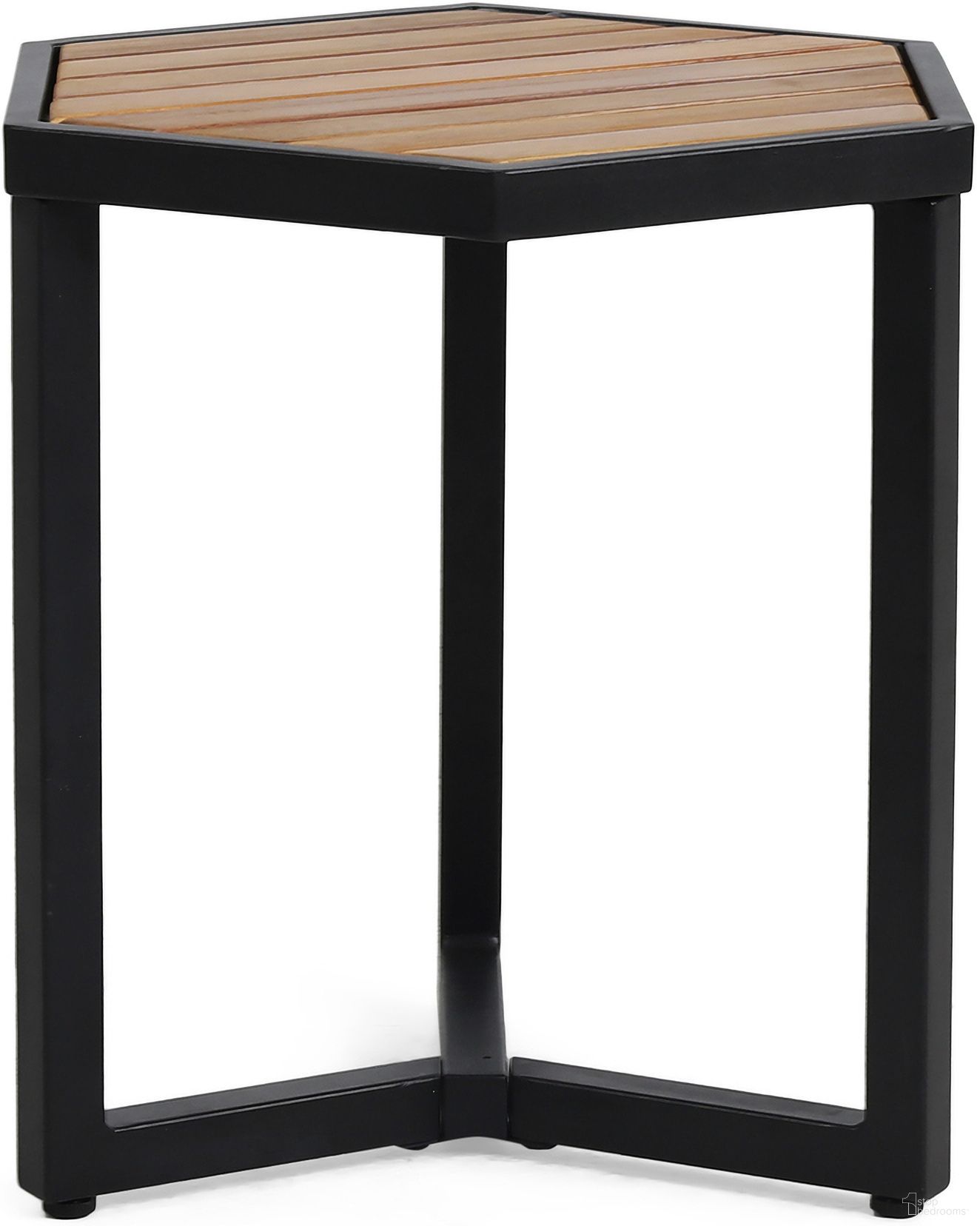 The appearance of Outdoor Side Table with Iron Base and Slatted Top In Brown designed by Noble House in the industrial interior design. This black and brown piece of furniture was selected by 1StopBedrooms from to add a touch of cosiness and style into your home. Sku: 69970.00. Material: Metal. Table Top Shape: Hexagonal.