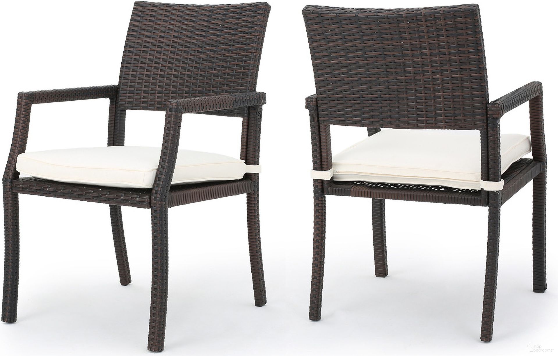 The appearance of Outdoor Wicker Dining Chair with Water-Resistant Cushions Set of 2 In White and Brown designed by Noble House in the modern / contemporary interior design. This white piece of furniture was selected by 1StopBedrooms from to add a touch of cosiness and style into your home. Sku: 60009.00WHI. Material: Wicker.