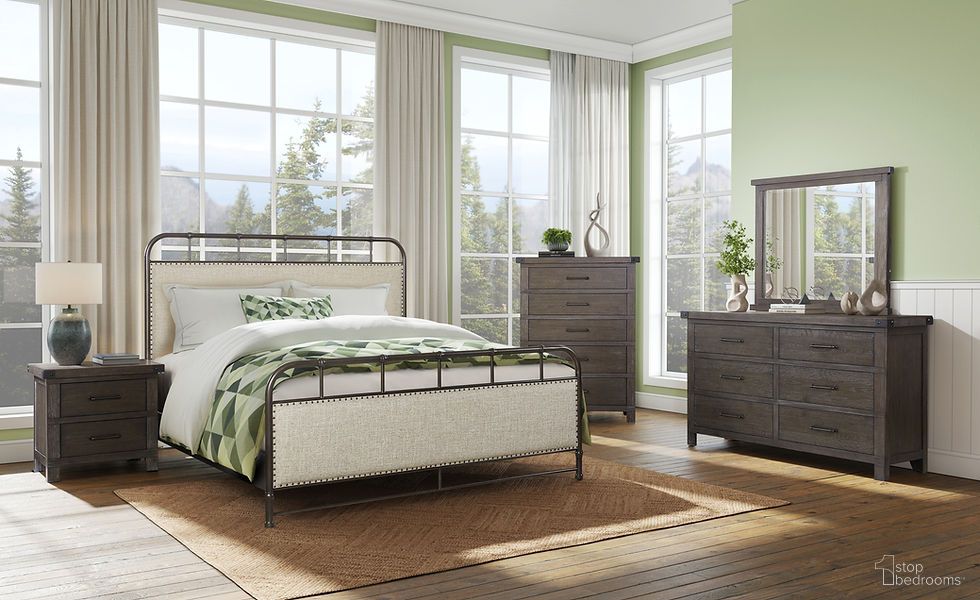 The appearance of Outfitter's Post Upholstered Metal Bedroom Set in Bourbon designed by FD Home in the traditional interior design. This bourbon piece of furniture was selected by 1StopBedrooms from Outfitter's Post Collection to add a touch of cosiness and style into your home. Sku: 7118-13;7118-14;7118-08;7118-02. Bed Size: King. Material: Knotty Oak Veneer.