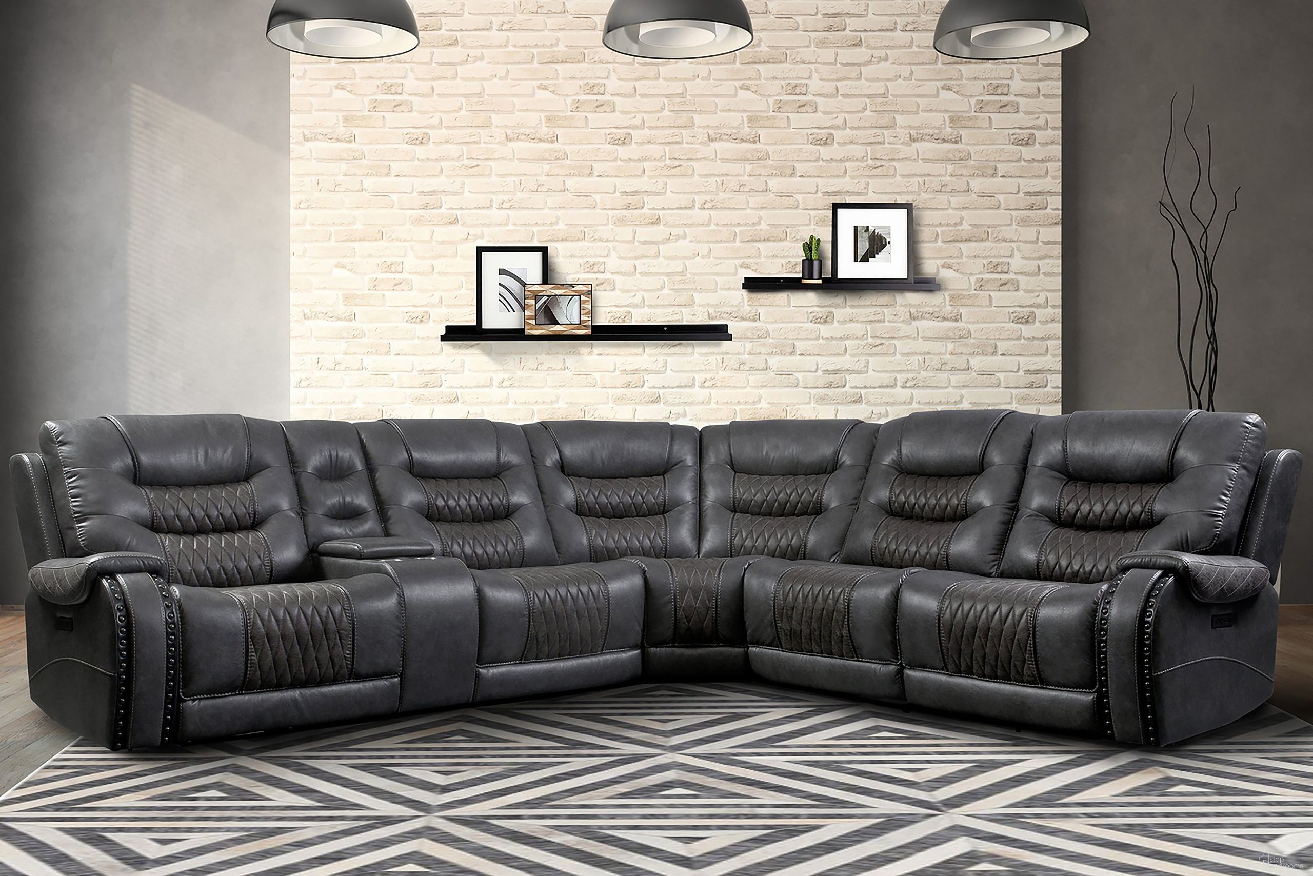 Outlaw Stallion 6 Piece Modular Power Sectional With Drop Down Table and Power Adjustable Headrests In Dark Grey