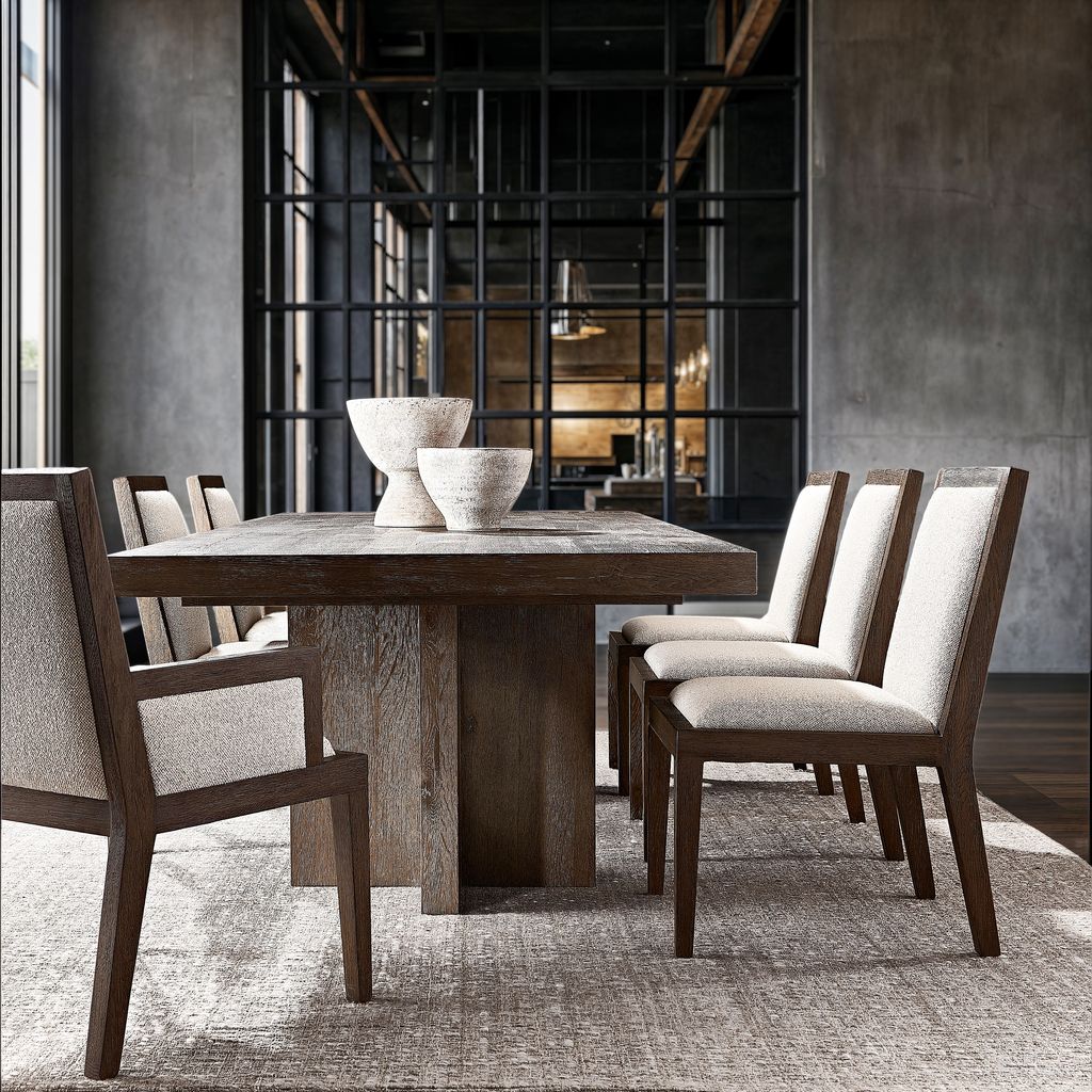 The appearance of Outline Rectangular Dining Room Set In Brown designed by Bernhardt in the modern / contemporary interior design. This brown piece of furniture was selected by 1StopBedrooms from Outline Collection to add a touch of cosiness and style into your home. Sku: 360246;360248;360545. Material: Wood. Table Top Shape: Rectangular. Size: 44" x 88".