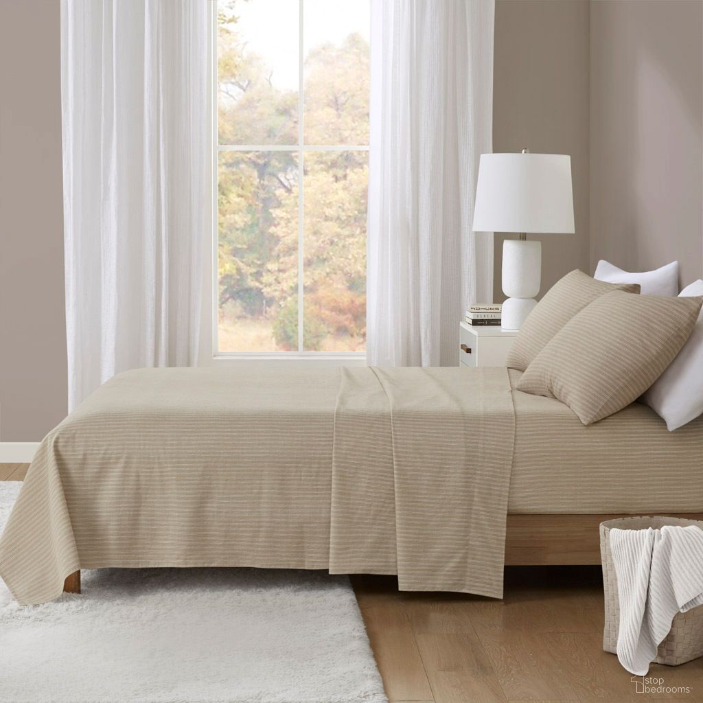 Oversized Cotton Flannel 4 Piece Queen Sheet Set In Beige and White Stripes