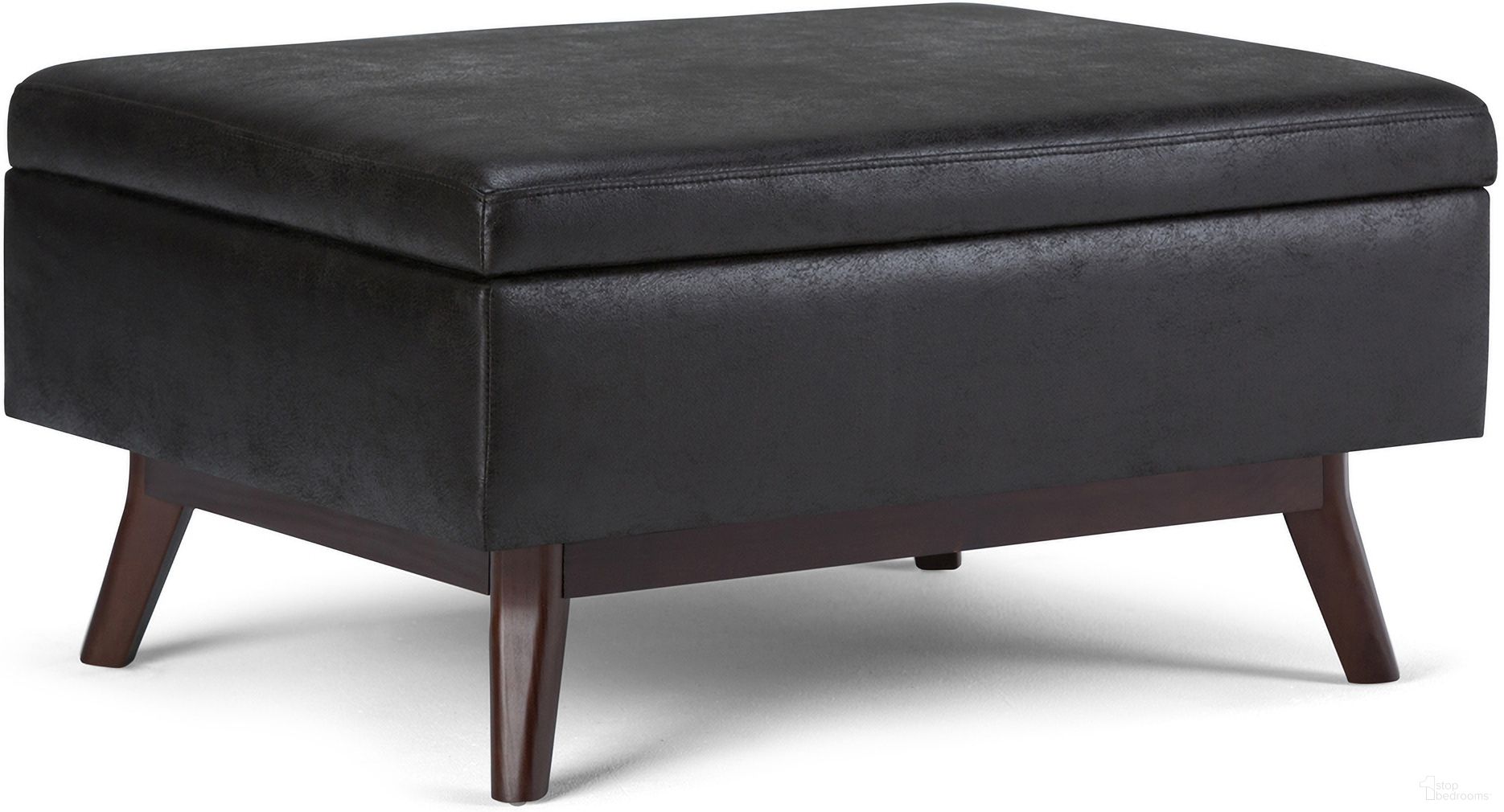 The appearance of Owen Vegan Faux Leather Coffee Table Storage Ottoman In Distressed Black designed by Simpli Home in the transitional interior design. This distressed black piece of furniture  was selected by 1StopBedrooms from Owen Collection to add a touch of cosiness and style into your home. Sku: AXCOT267S-DBL. Material: Faux Leather.