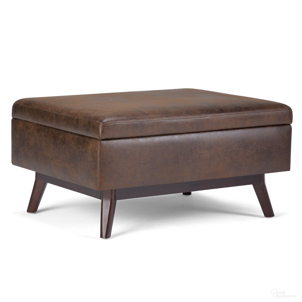The appearance of Owen Vegan Faux Leather Coffee Table Storage Ottoman In Distressed Chestnut Brown designed by Simpli Home in the transitional interior design. This distressed chestnut brown piece of furniture was selected by 1StopBedrooms from Owen Collection to add a touch of cosiness and style into your home. Sku: AXCOT267S-DBR. Material: Faux Leather.