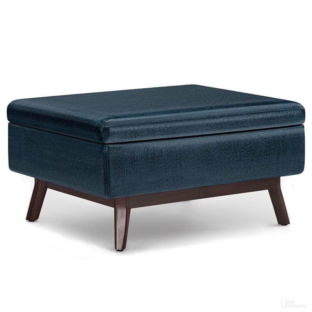 Owen Vegan Faux Leather Coffee Table Storage Ottoman In Distressed Dark Blue