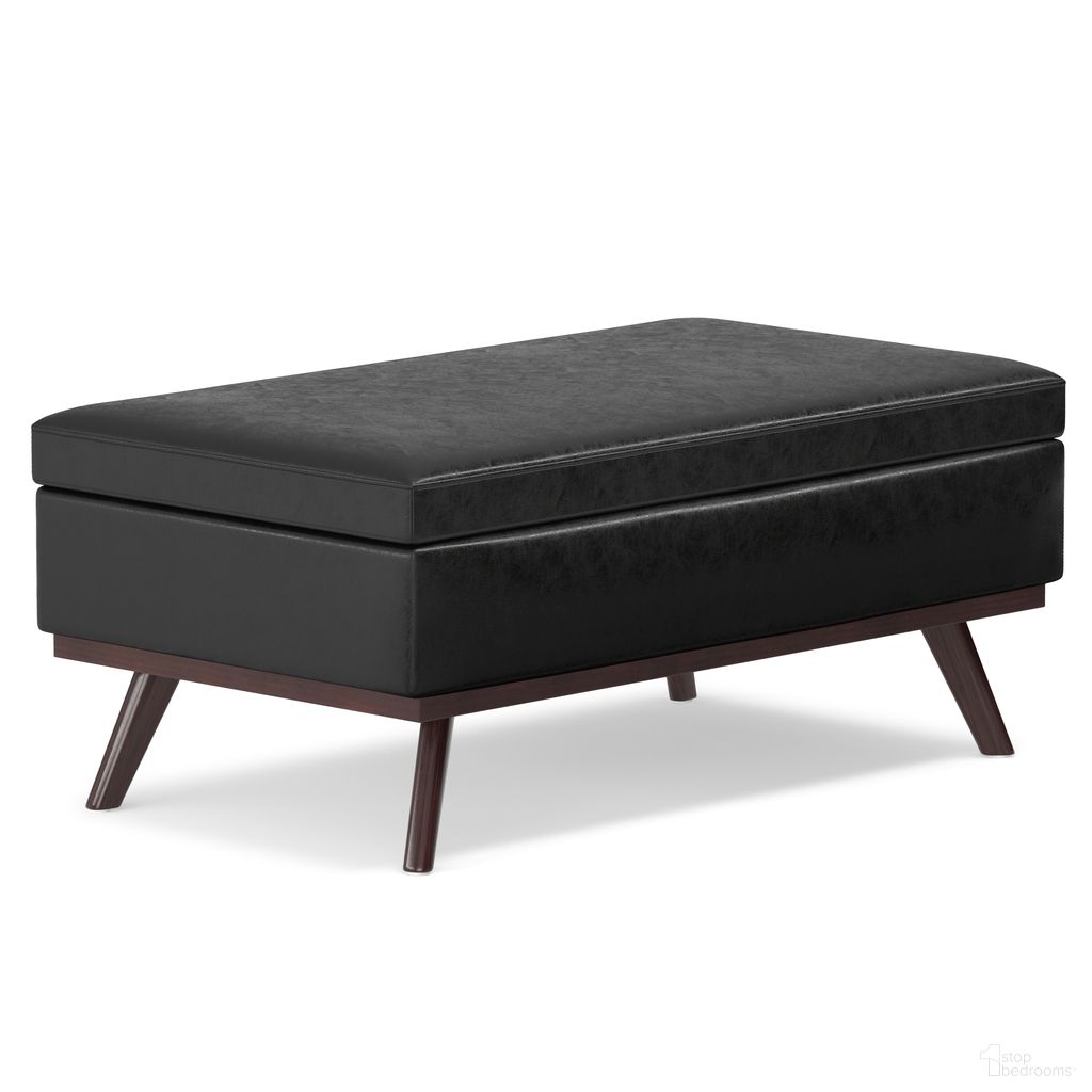 The appearance of Owen Vegan Faux Leather Lift Top Large Coffee Table Storage Ottoman In Distressed Black designed by Simpli Home in the transitional interior design. This distressed black piece of furniture was selected by 1StopBedrooms from Owen Collection to add a touch of cosiness and style into your home. Sku: AXCOT267LT-DBL. Material: Faux Leather.