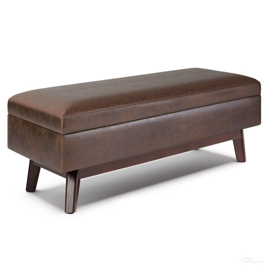 The appearance of Owen Vegan Faux Leather Rectangular Storage Ottoman In Distressed Chestnut Brown designed by Simpli Home in the transitional interior design. This distressed chestnut brown piece of furniture  was selected by 1StopBedrooms from Owen Collection to add a touch of cosiness and style into your home. Sku: AXCOT267R-DBR. Material: Faux Leather.