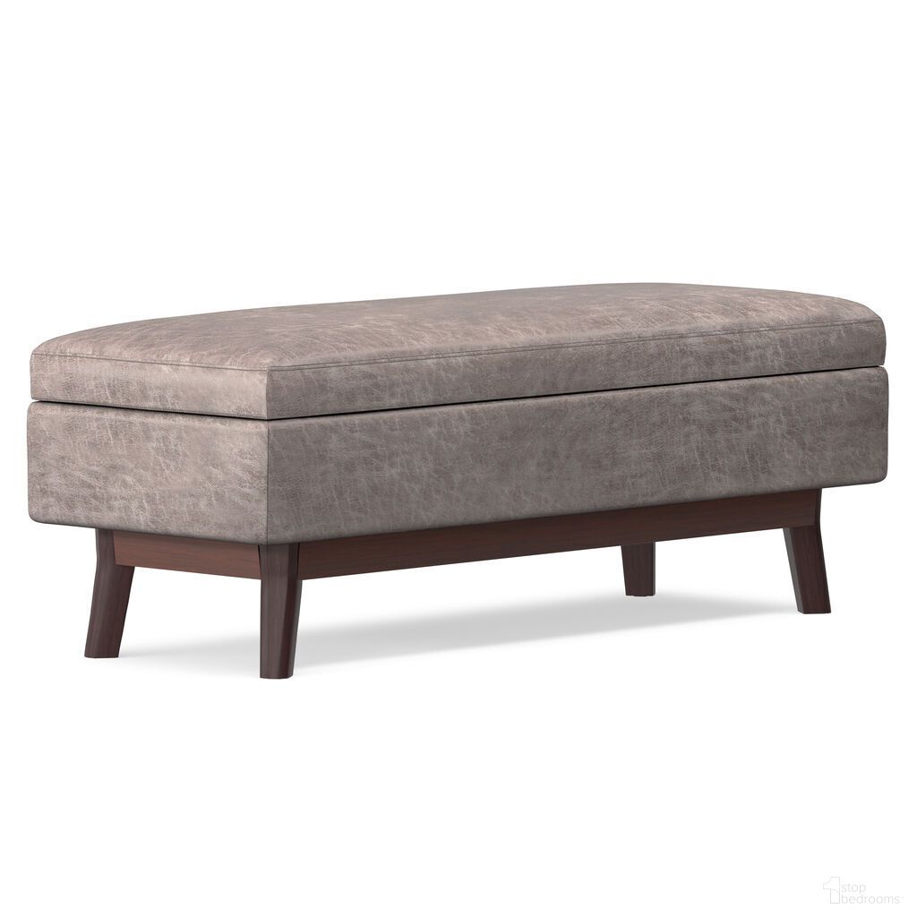The appearance of Owen Vegan Faux Leather Rectangular Storage Ottoman In Distressed Grey Taupe designed by Simpli Home in the transitional interior design. This distressed grey taupe piece of furniture was selected by 1StopBedrooms from Owen Collection to add a touch of cosiness and style into your home. Sku: AXCOT267R-DTP. Material: Faux Leather.