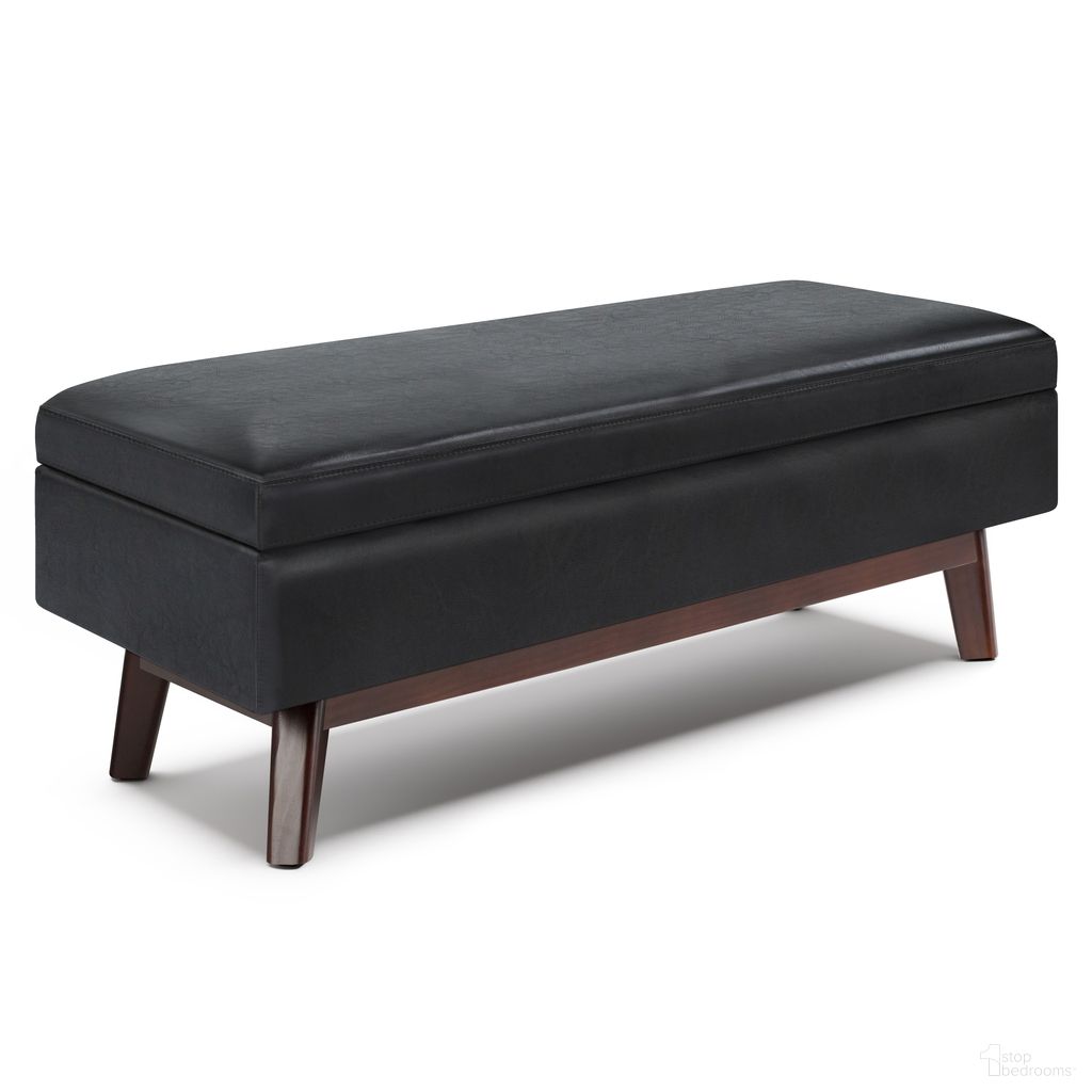 The appearance of Owen Vegan Faux Leather Rectangular Storage Ottoman In Midnight Black designed by Simpli Home in the transitional interior design. This midnight black piece of furniture  was selected by 1StopBedrooms from Owen Collection to add a touch of cosiness and style into your home. Sku: AXCOT267R-BL. Material: Faux Leather.