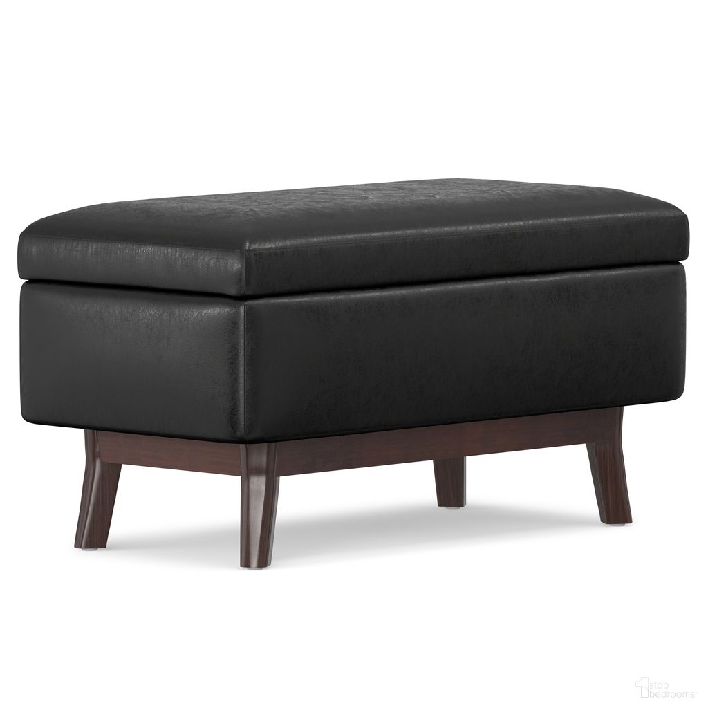 The appearance of Owen Vegan Faux Leather Small Rectangular Storage Ottoman In Distressed Black designed by Simpli Home in the transitional interior design. This distressed black piece of furniture  was selected by 1StopBedrooms from Owen Collection to add a touch of cosiness and style into your home. Sku: AXCOT267SR-DBL. Material: Faux Leather.