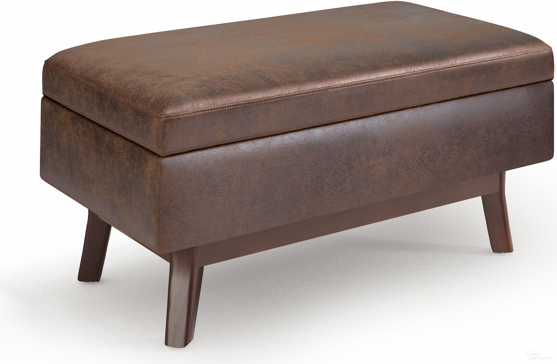 The appearance of Owen Vegan Faux Leather Small Rectangular Storage Ottoman In Distressed Chestnut Brown designed by Simpli Home in the transitional interior design. This distressed chestnut brown piece of furniture  was selected by 1StopBedrooms from Owen Collection to add a touch of cosiness and style into your home. Sku: AXCOT267SR-DBR. Material: Faux Leather.
