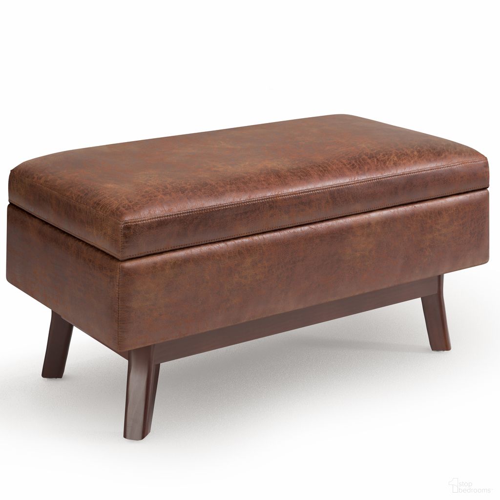 The appearance of Owen Vegan Faux Leather Small Rectangular Storage Ottoman In Distressed Saddle Brown designed by Simpli Home in the transitional interior design. This distressed saddle brown piece of furniture was selected by 1StopBedrooms from Owen Collection to add a touch of cosiness and style into your home. Sku: AXCOT267SR-DSB. Material: Faux Leather.